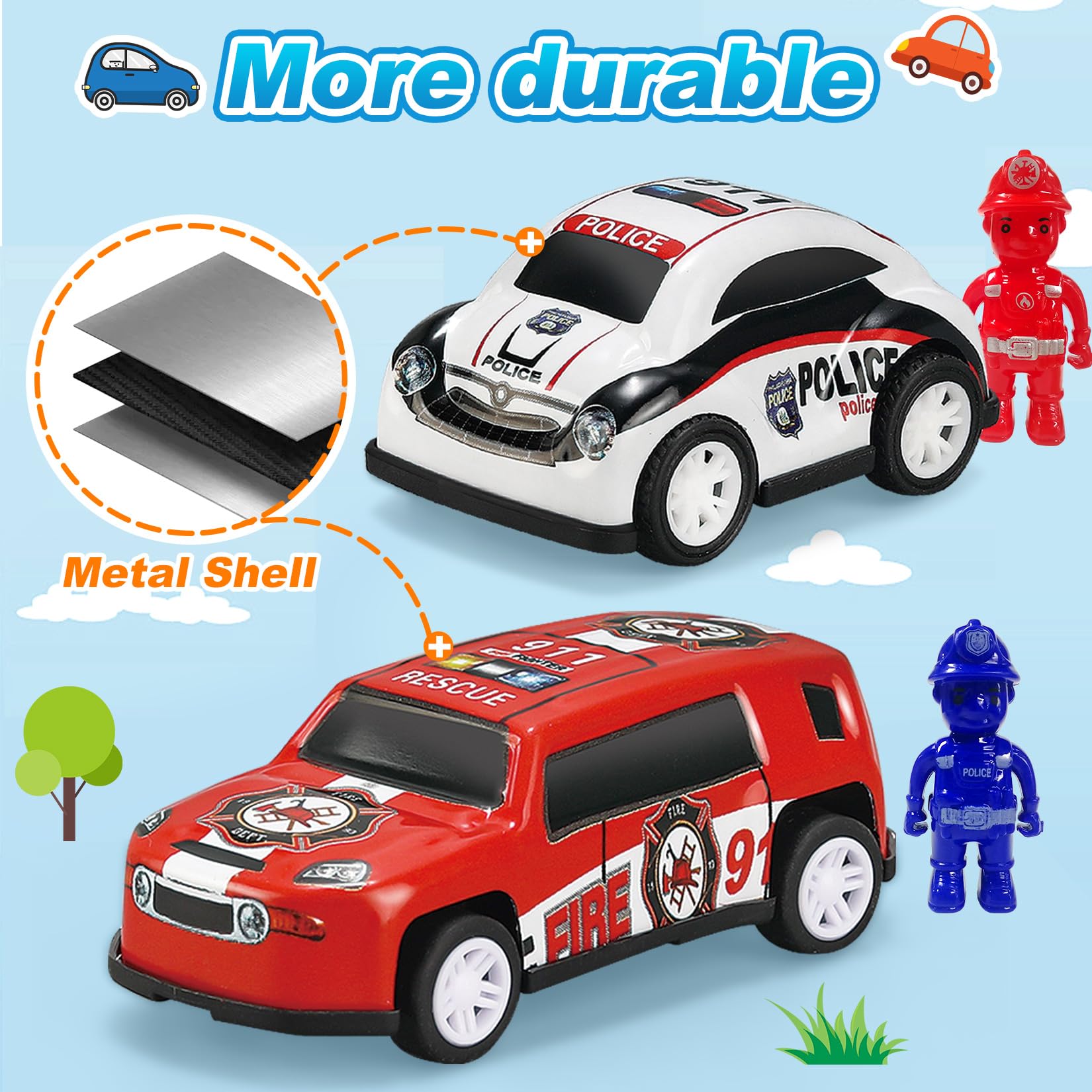 TOYABI Mini Toy Cars for Kids - 22pcs Metal Race Car Set with 2 Dolls, Pull Back Vehicles for Children 3+ 7