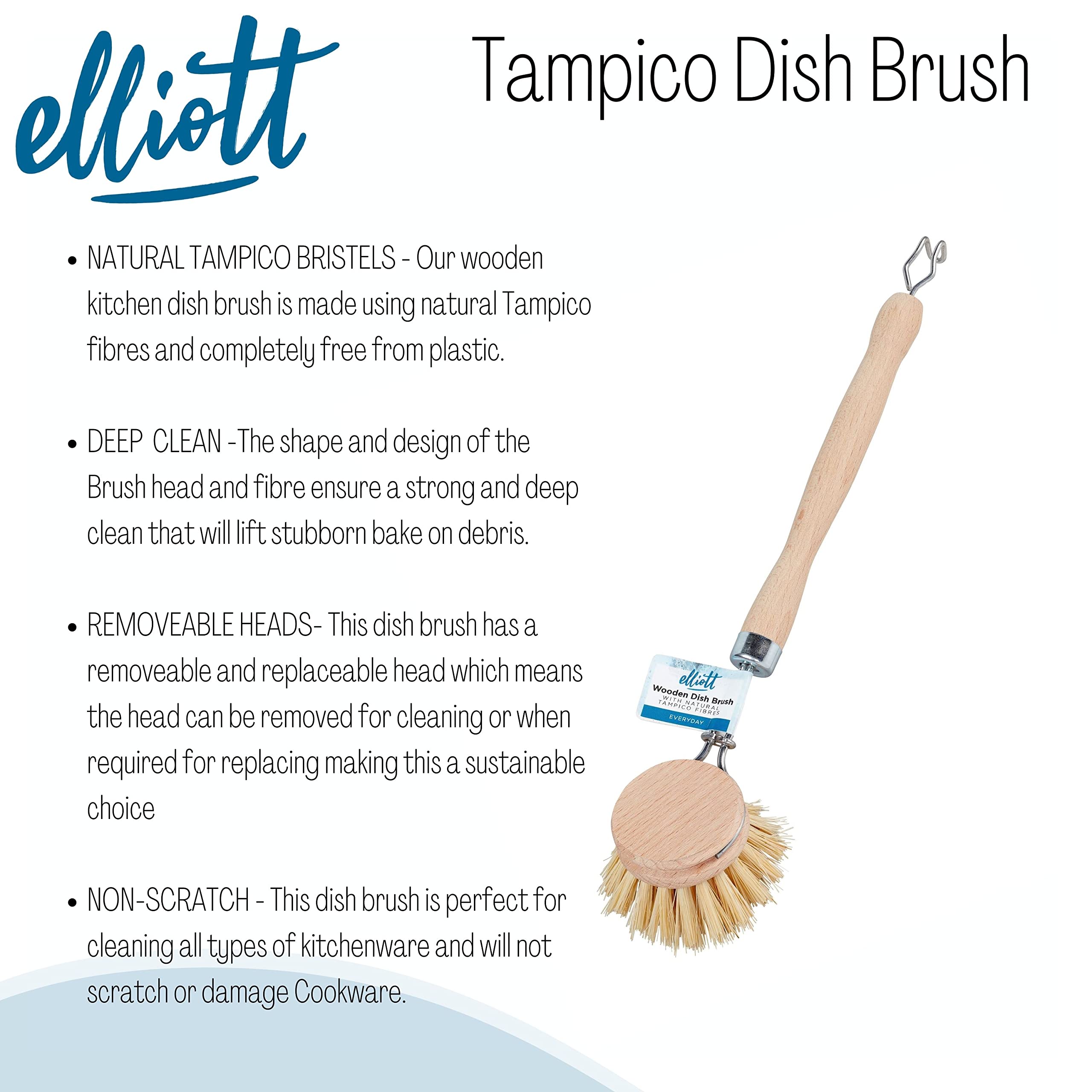 Elliott Wooden Dish Brush with Natural Tampico Fibres - Long Handle, Replaceable Head 5
