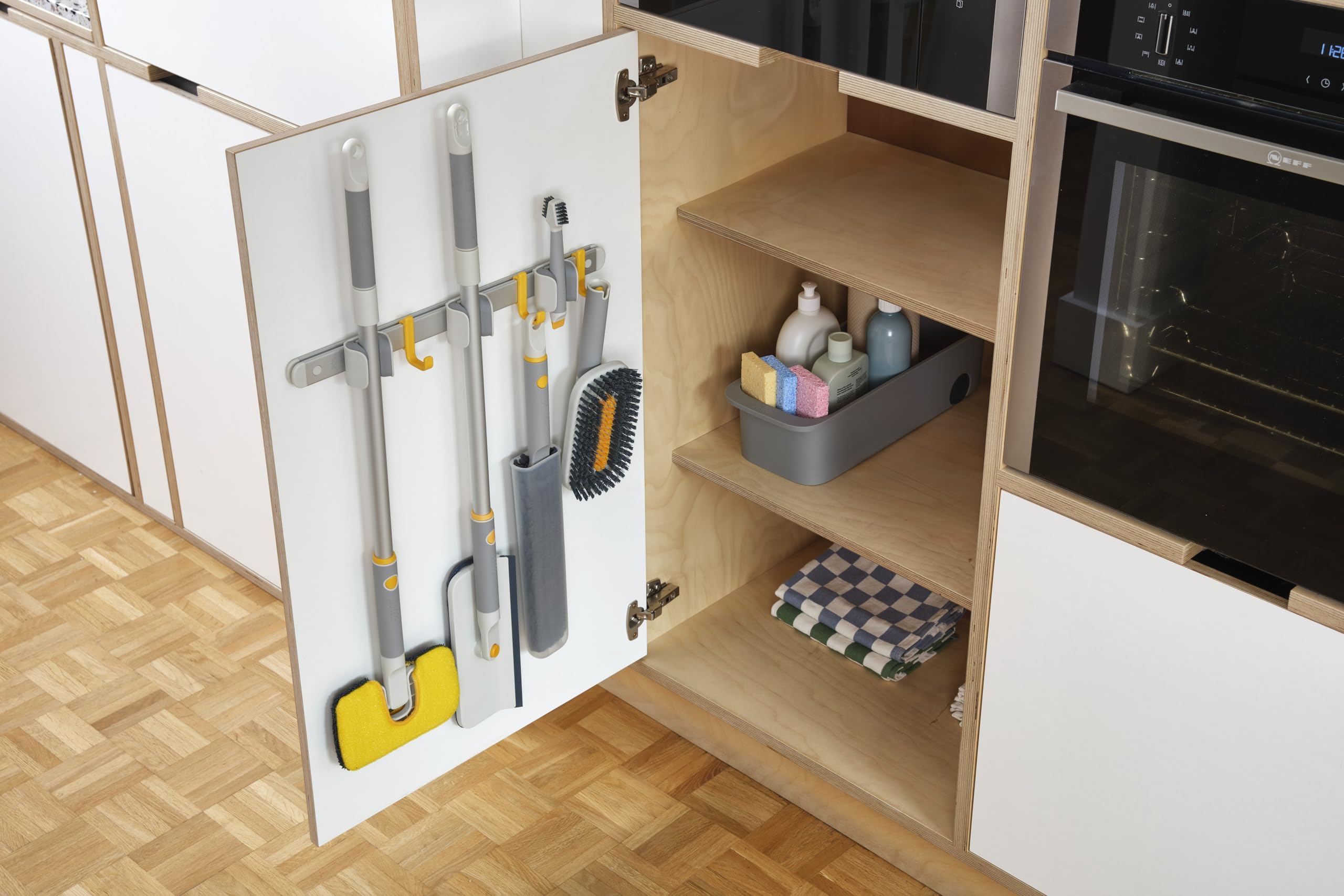 Joseph Joseph CleanTech Utility Tool Storage Rail with 3 Pole Grips & 3 Hooks | Silver-grey Aluminium 3