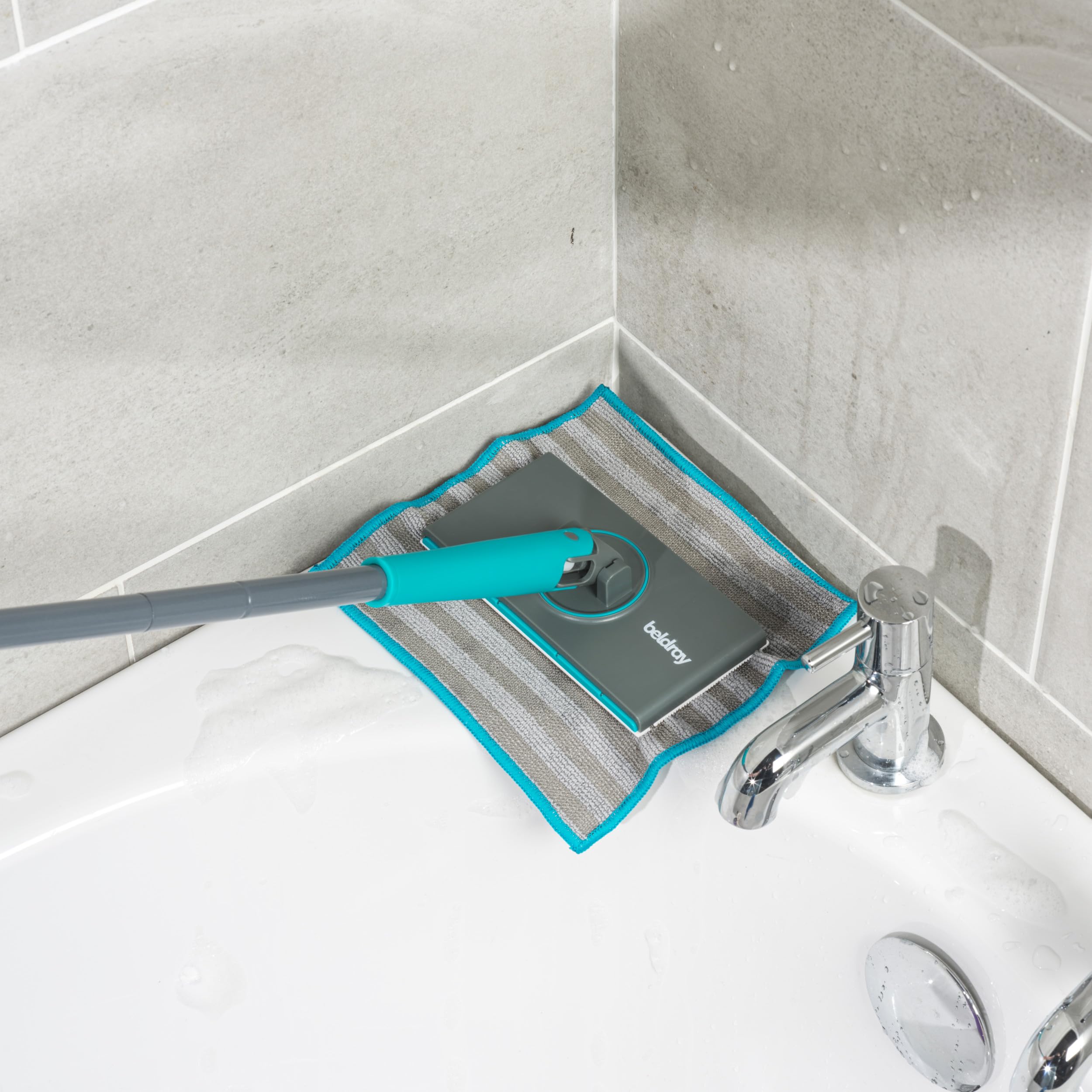 Beldray Anti-Bac Clip-to-Grip Bathroom Mop – Small Head, Precision Cleaning, 70 cm Handle, Tiles/Mirrors/Bathtub, Hygienic Push Release Handle, 360° Swivel Head, 4 Washable Cloths, Wet & Dry 8