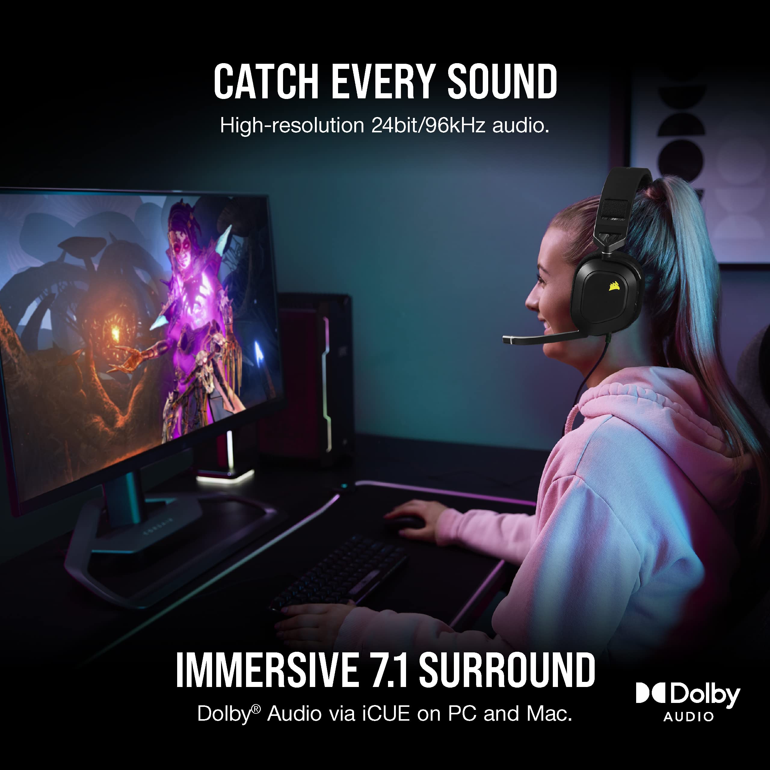 Corsair HS80 RGB USB Gaming Headset - Dolby 7.1 Surround Sound | 20Hz-40kHz | Black 2