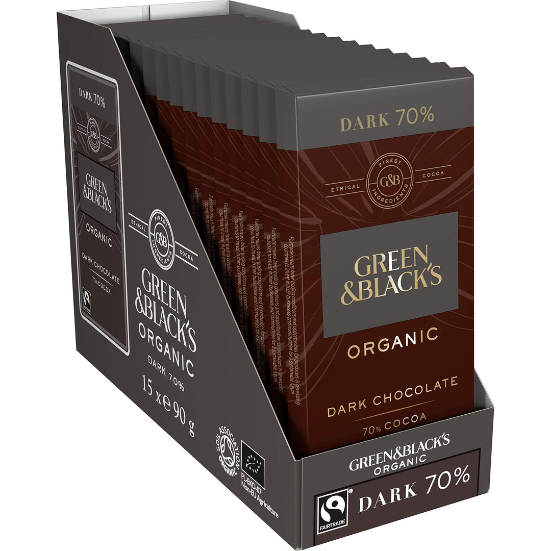 Green & Black's Organic 70% Dark Chocolate Bar, Rich & Intense, 90g (Pack of 15)