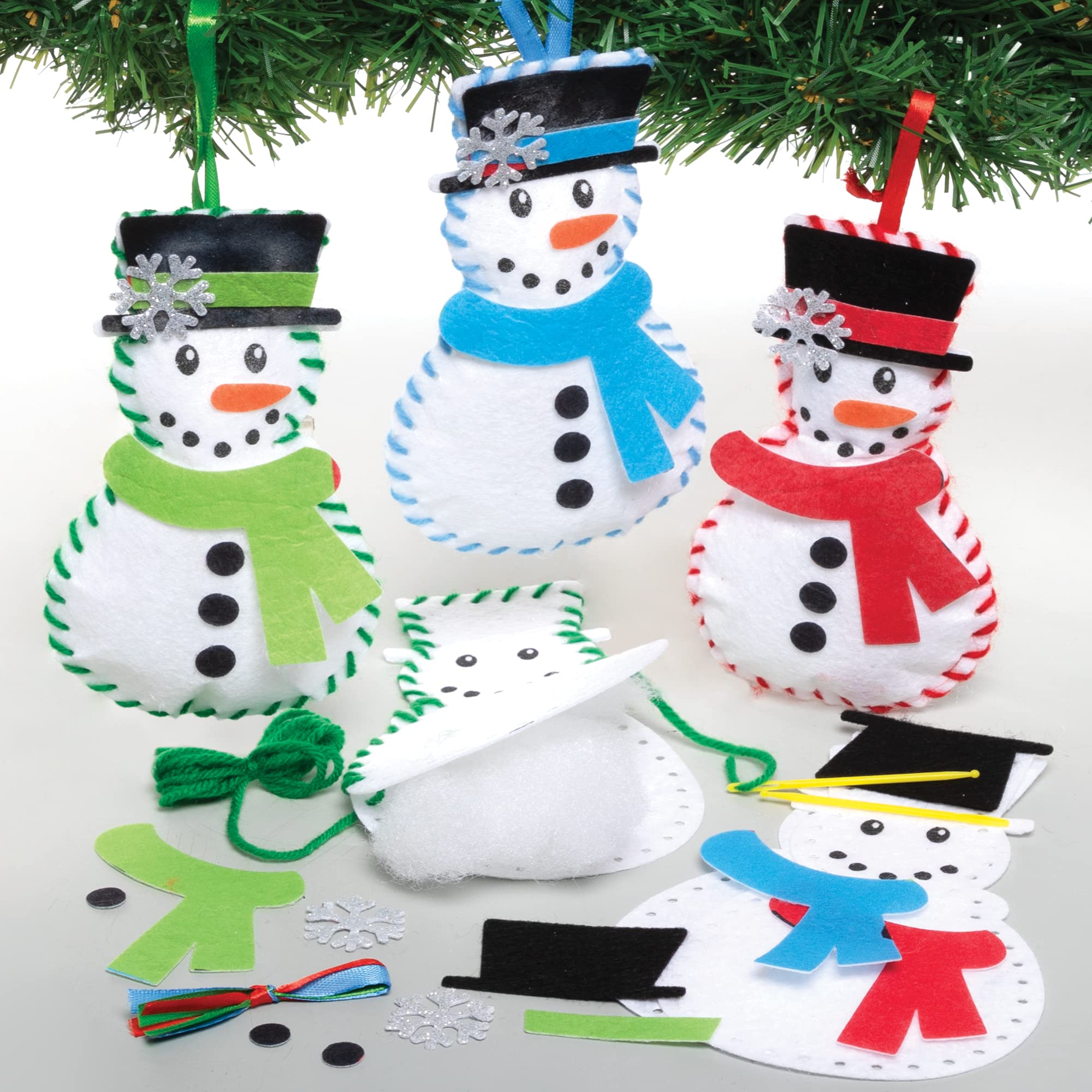 Baker Ross FE949 Snowman Decoration Sewing Kits - Pack of 3, Arts & Crafts Sewing Set for Kids