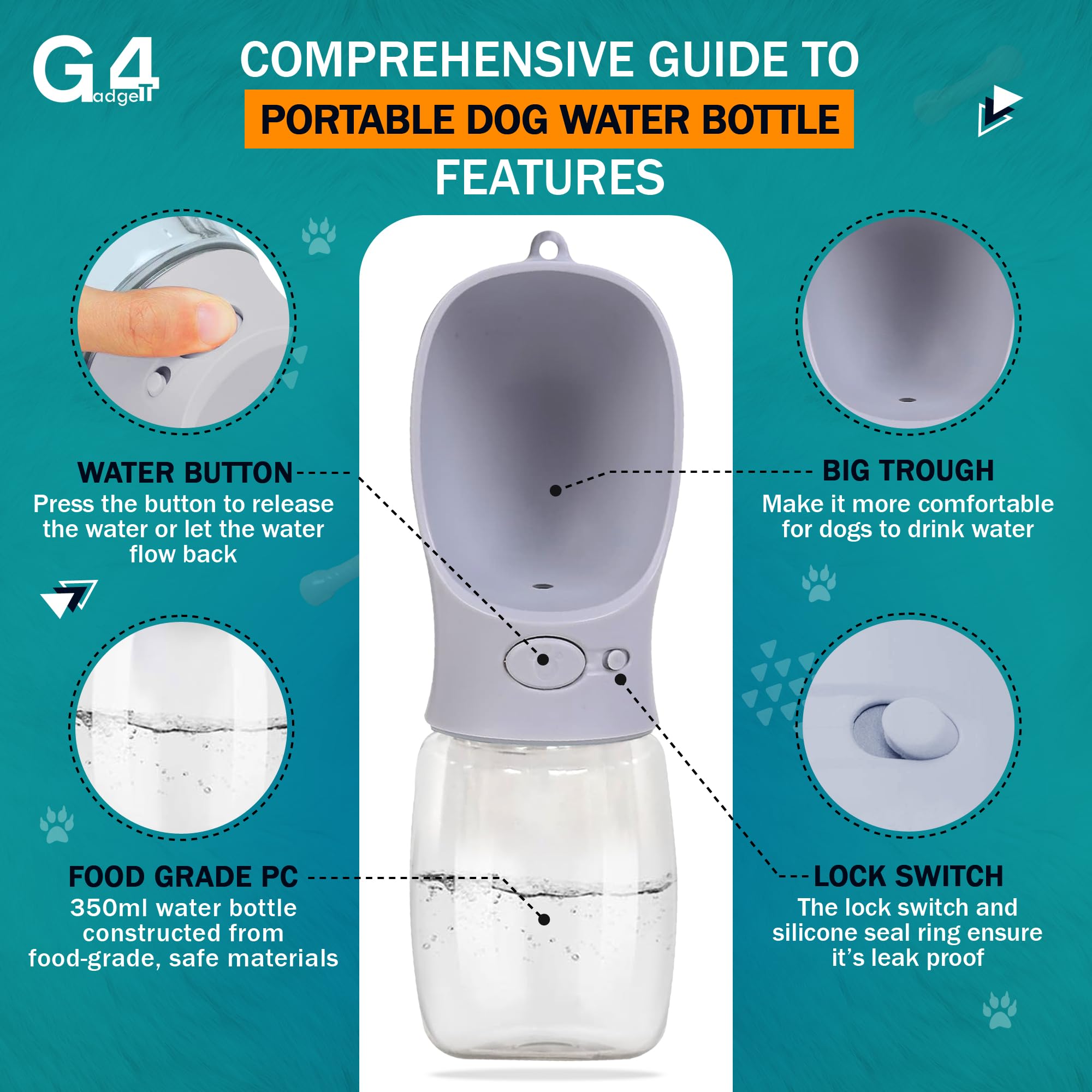 G4GADGET Dog Water Bottle - 350ml Portable Leak-Proof Dispenser for Small Dogs | Food-Grade ABS/PC 3