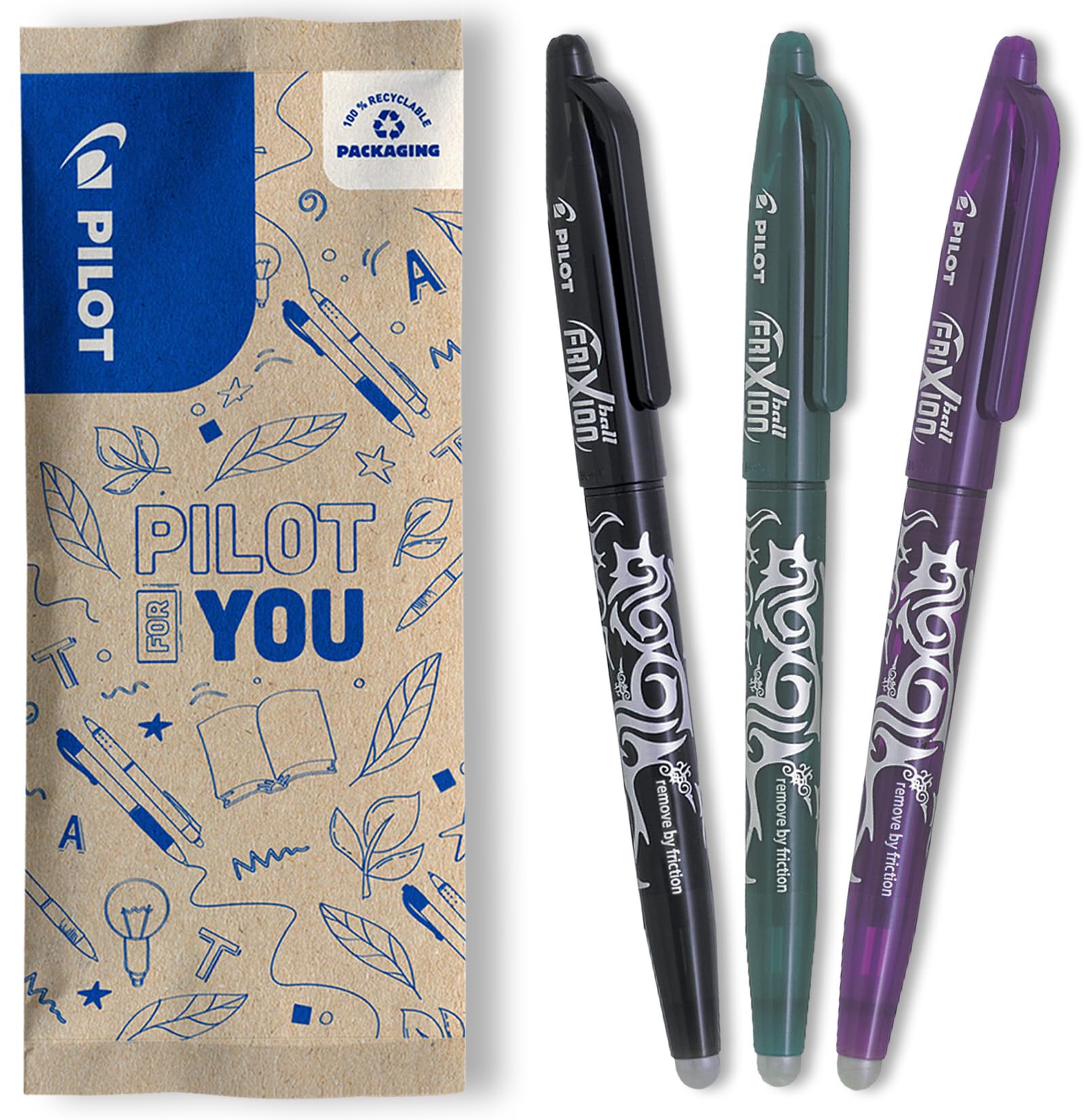 PILOT FriXion Ball Erasable Rollerball Pen - Medium 0.7mm Tip | Black, Green, Violet Ink | Pack of 1 1