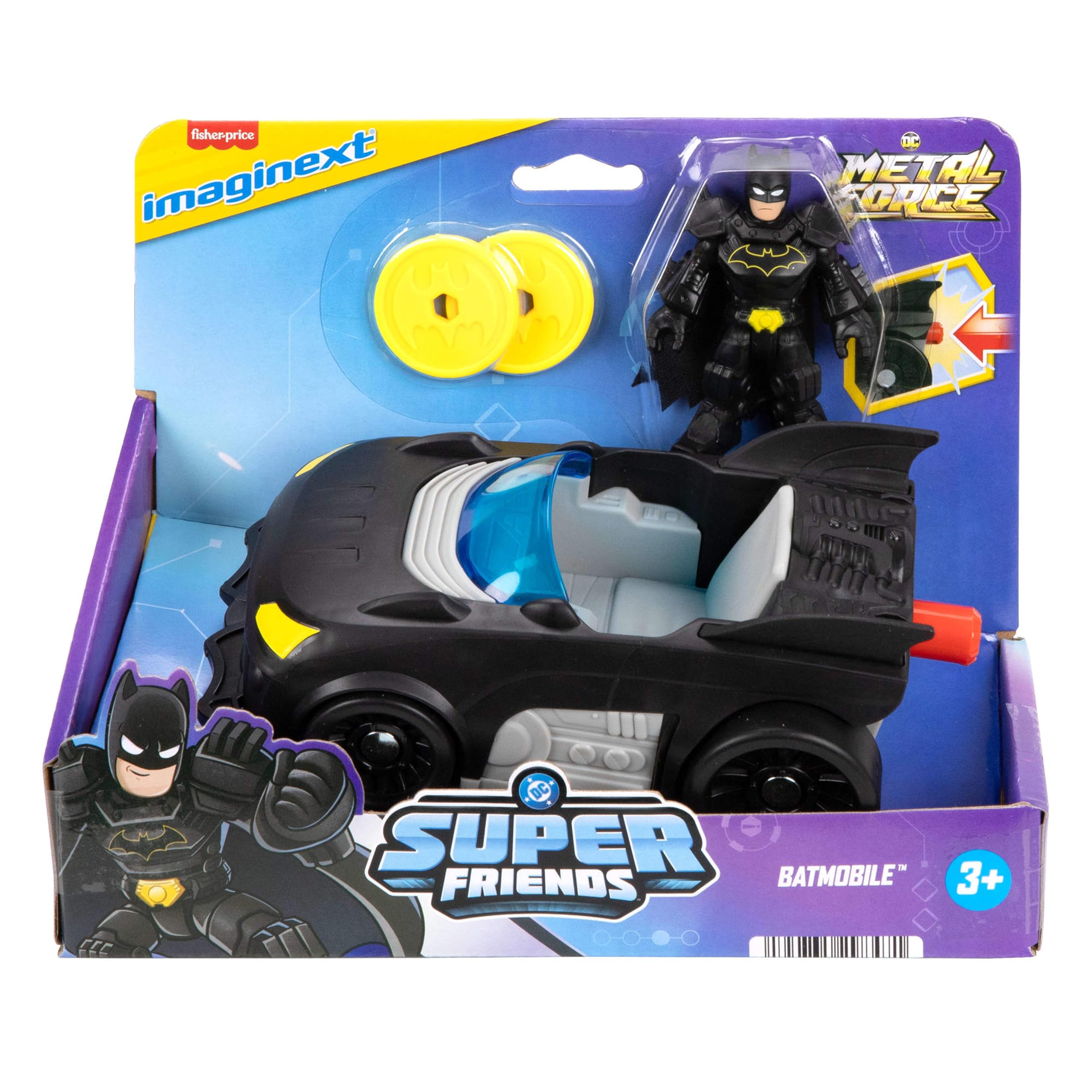 Fisher-Price Imaginext DC Super Friends Metal Force Batmobile Toy Car with Action Figure - 3-in-1 Launcher Playset