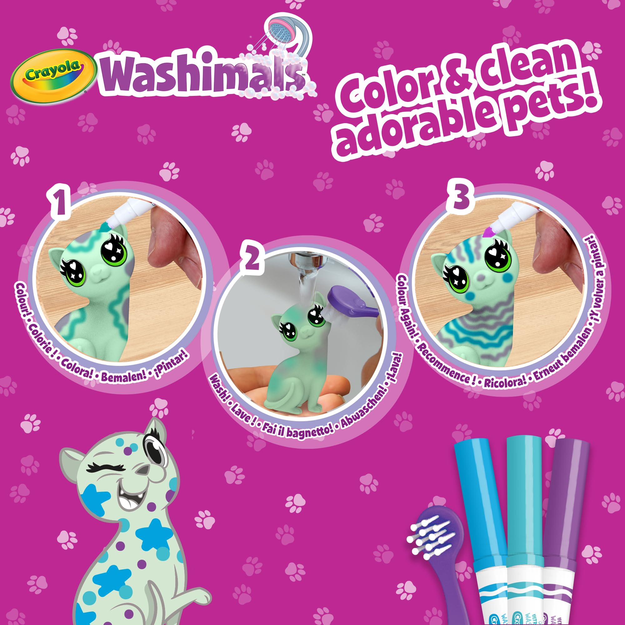 Crayola Scribble Scrubbie Pastel Pets - 3 Washable Markers & Brush, Ages 3+