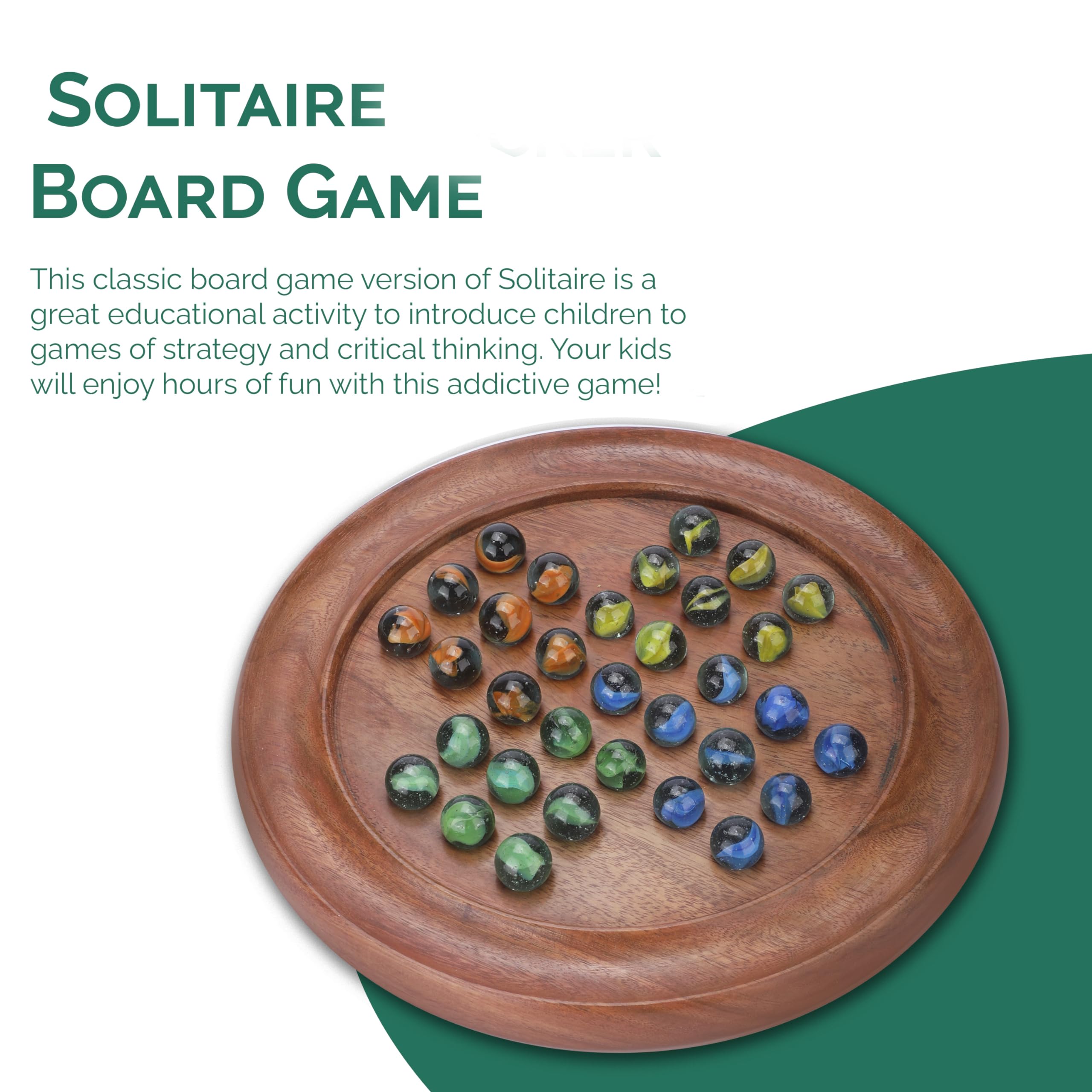 Ajuny Classic Solitaire Handcrafted Wooden Board Game with 4-Color Marbles 14