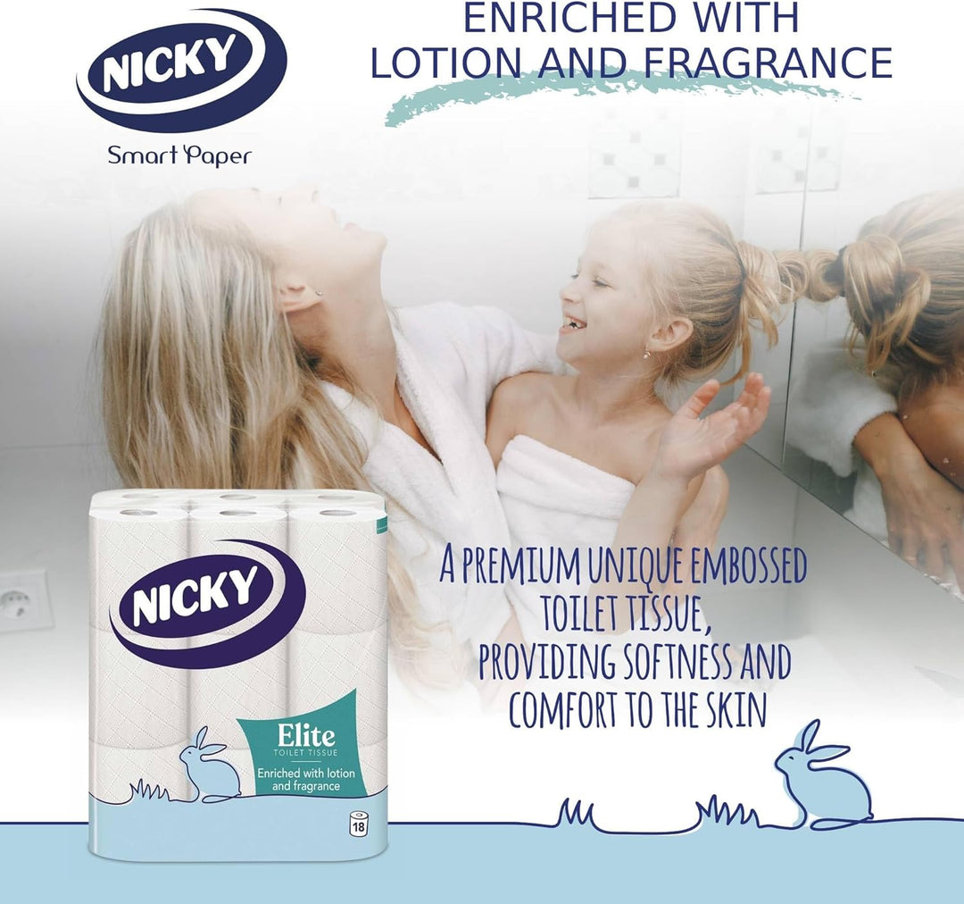 Nicky Elite Scented Toilet Tissue - 18 Rolls, 3-Ply Talc Fragrance, FSC-Certified