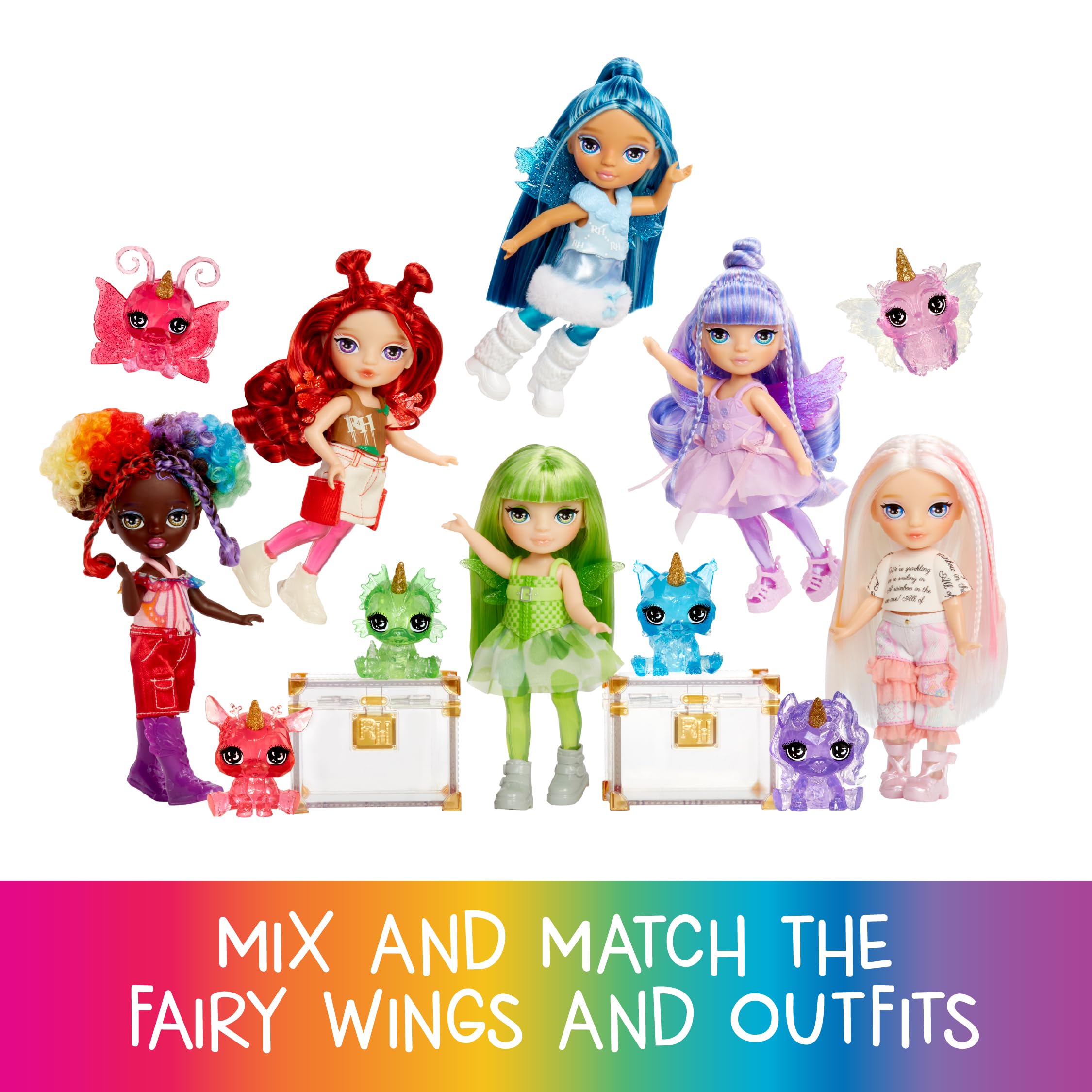 Rainbow High Littles Rainbow Fantasy Fairies & Pet - Emerald Green 14cm Posable Doll with Interchangeable Fairy Wings, Magical Dragon Pet - Ages 3+ 5