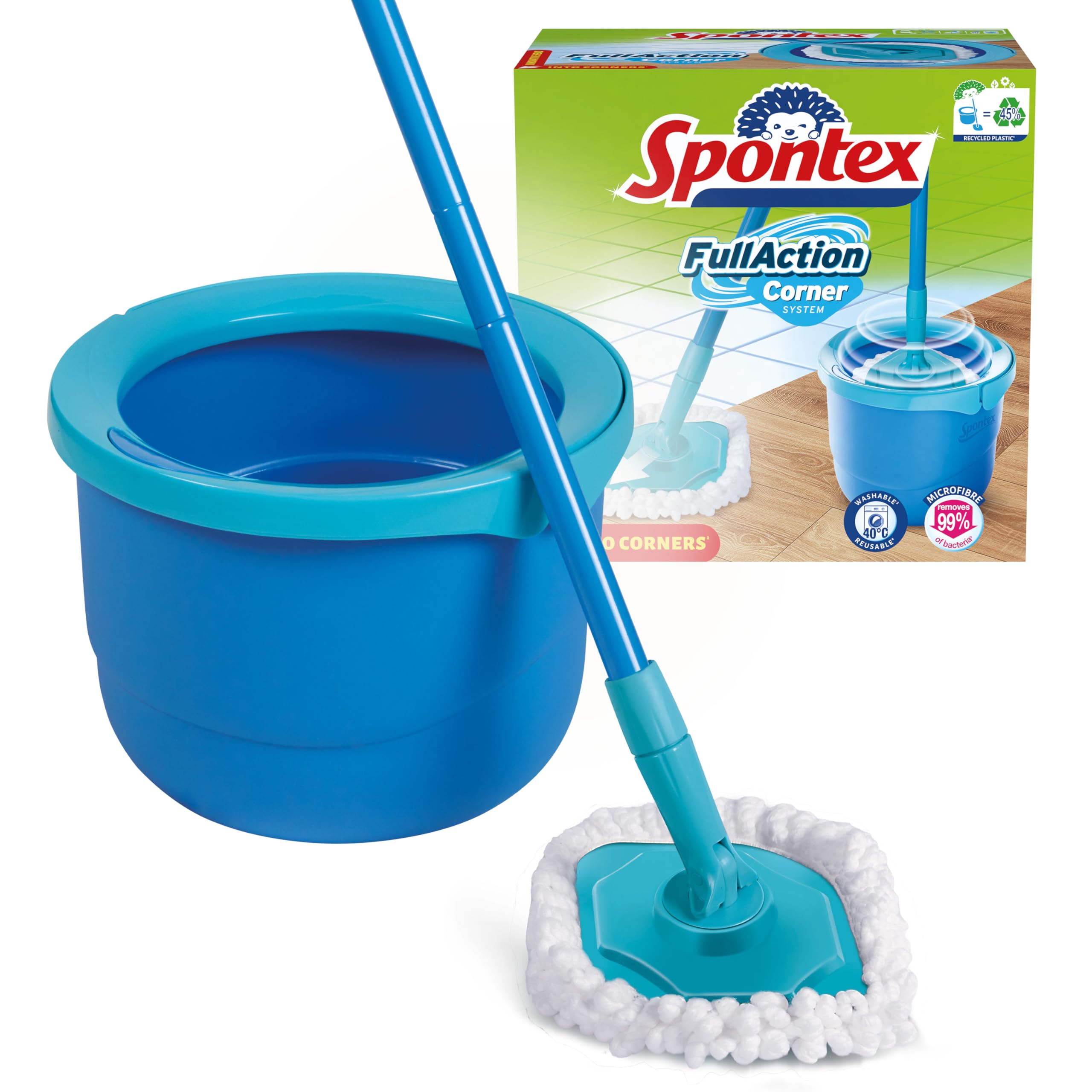 Spontex Full Action Corner System Spin Mop and Bucket Set | 360° Wringing | Microfibre Head | Cleans Laminate, Wood & Tile