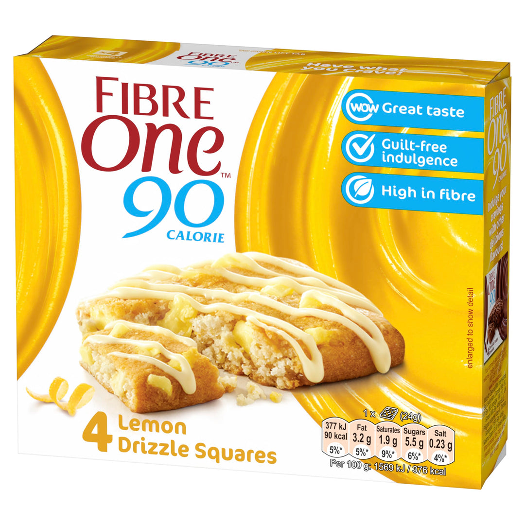 Fiber One 90 Calorie Lemon Drizzle Squares, High Fibre Snack Bar with Lemon Flavour Pieces & Drizzle, 24g (Pack of 7)