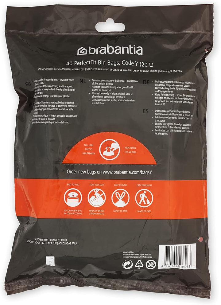 Brabantia PerfectFit Bin Liners Size Y/20 Litre - Thick Tear-Resistant Trash Bags with Tie-Tape