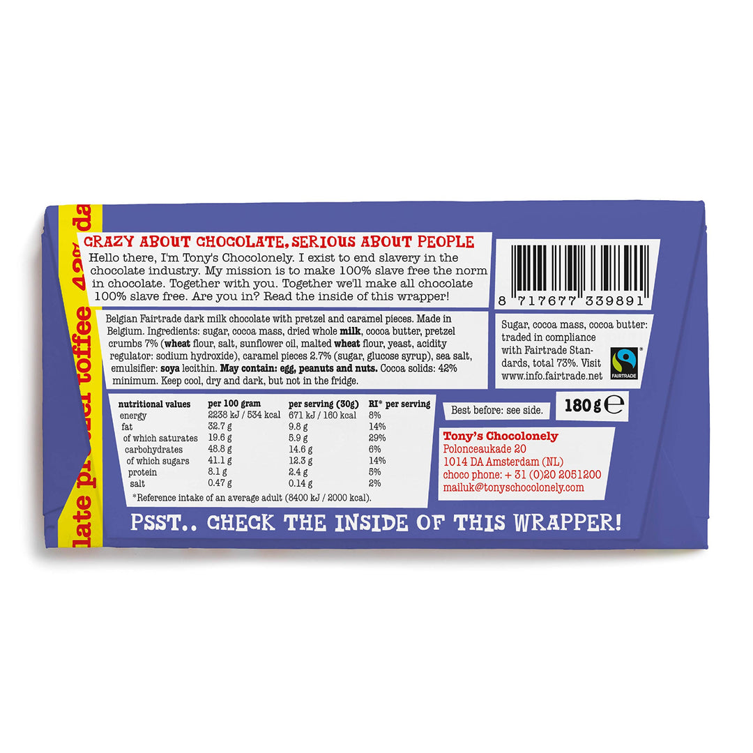 Tony's Chocolonely - Dark Milk Pretzel Toffee Chocolate Bar 180g
