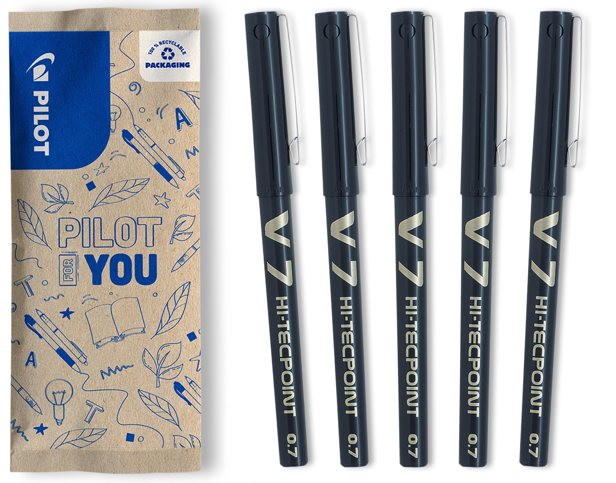 PILOT V7 Liquid Ink Rollerball Pen Set - 5 Pack Black Ink | 0.7mm Medium Tip | Fade Resistant 1