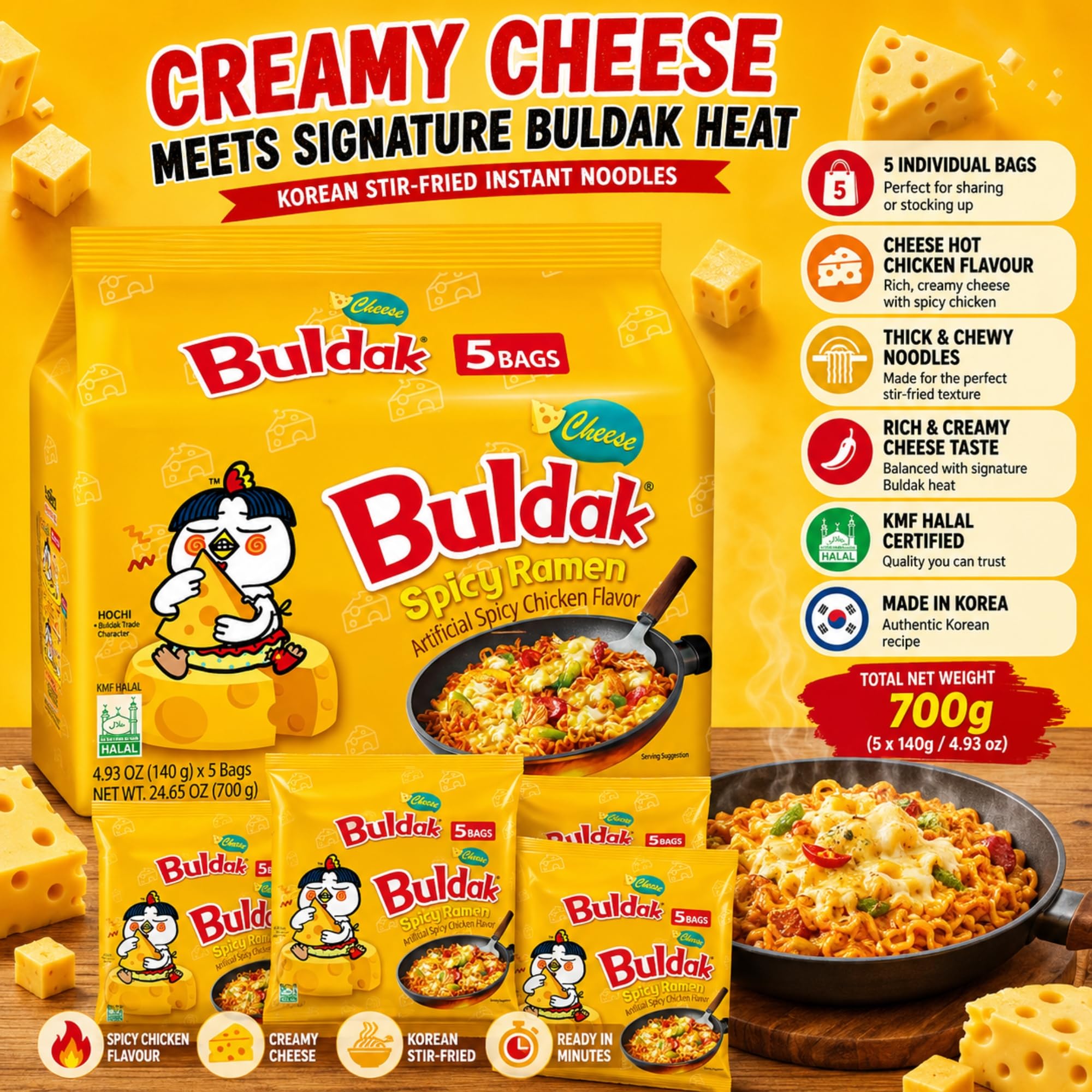 Buldak Noodles Cheese Spicy Chicken Flavor Ramen - 10 Pack