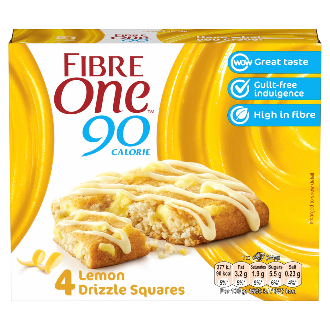 Fiber One 90 Calorie Lemon Drizzle Squares, High Fibre Snack Bar with Lemon Flavour Pieces & Drizzle, 24g (Pack of 7)