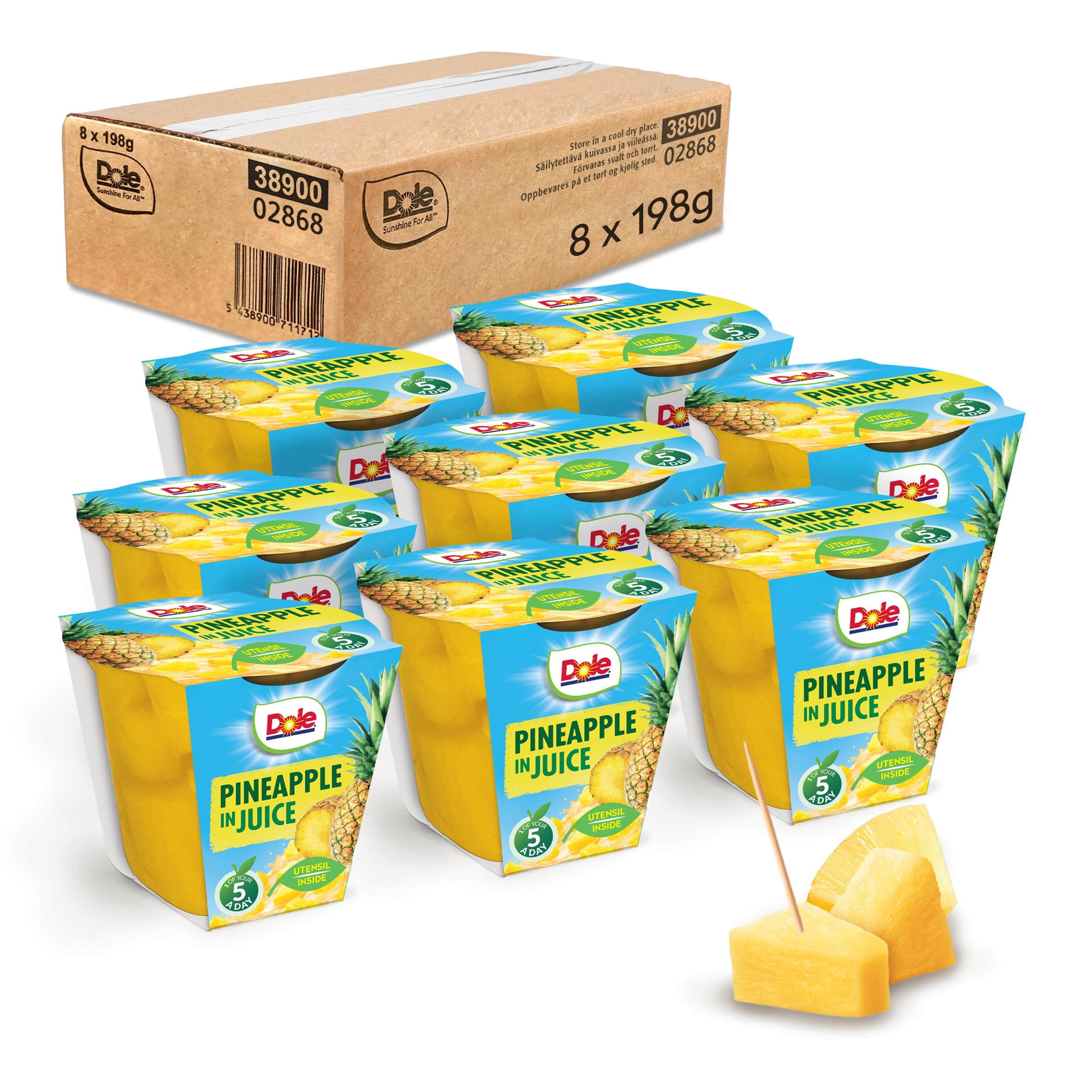 Dole Tropical Gold Pineapple in Juice Fruit Pots - 8 x 198g Chunks | Rich in Vitamin C & Fibre