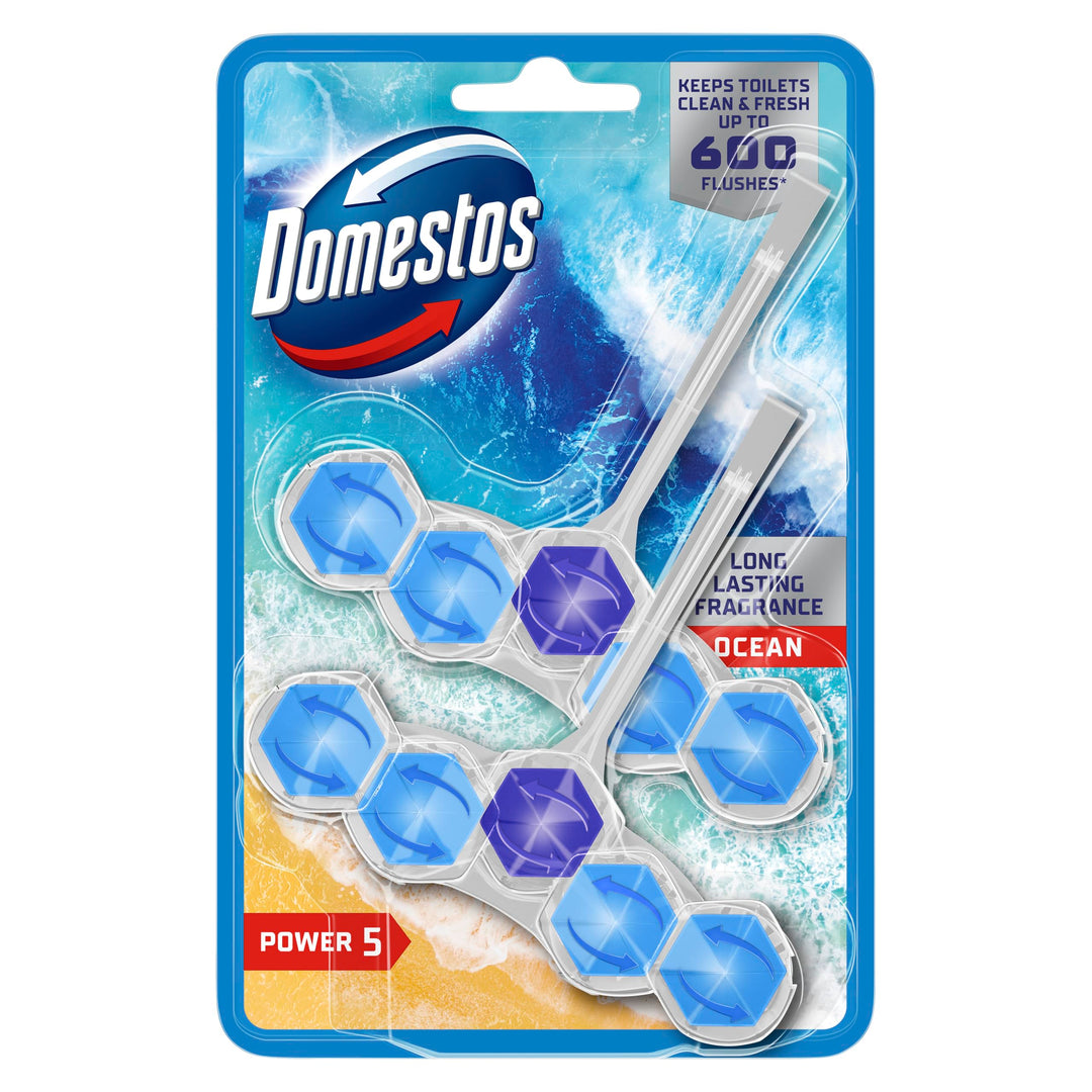 Domestos Power 5 Ocean Toilet Rim Blocks 2x 50 g - Long-Lasting Toilet Freshener with 5 Benefits