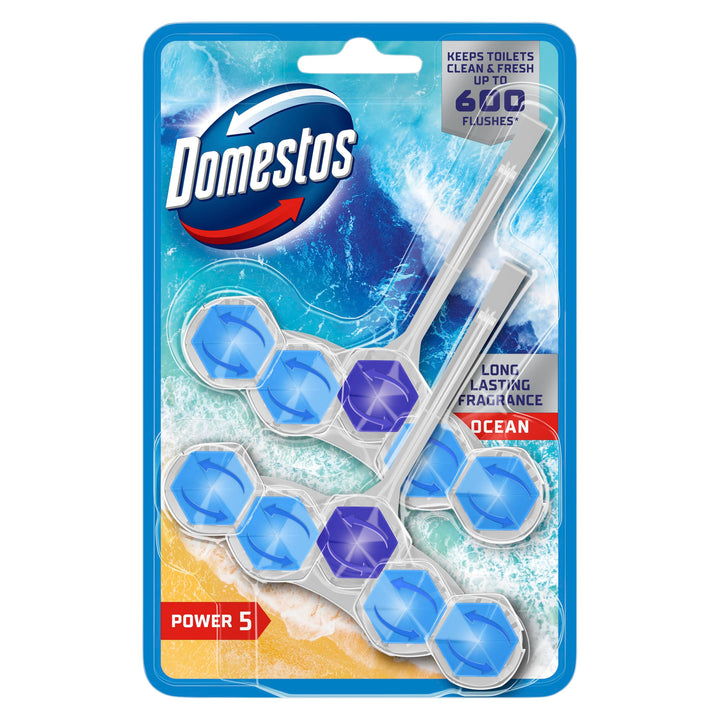 Domestos Power 5 Ocean Toilet Rim Blocks 2x 50 g - Long-Lasting Toilet Freshener with 5 Benefits