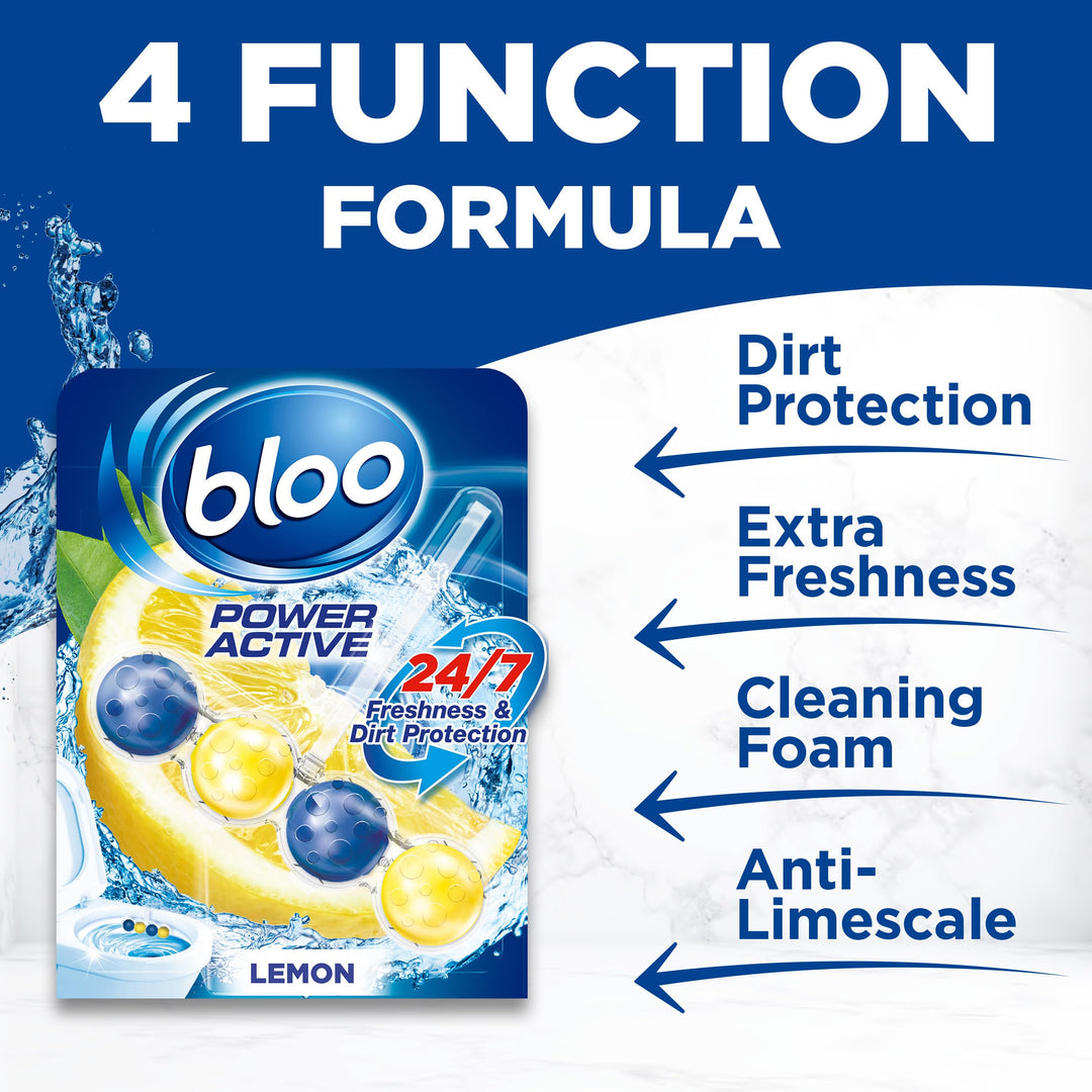 Bloo Power Active Toilet Rim Block - Lemon Scent with Anti-Limescale & Foaming Clean (150g)