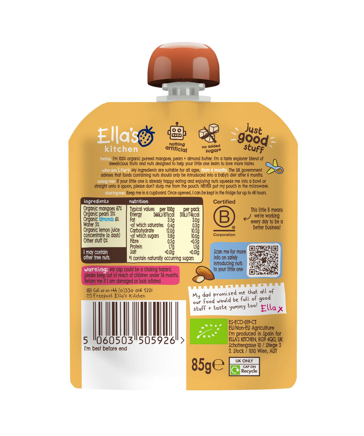 Ella's Kitchen Nutty Blends Mangoes, Pears + Almonds - 85g, 6+ Months