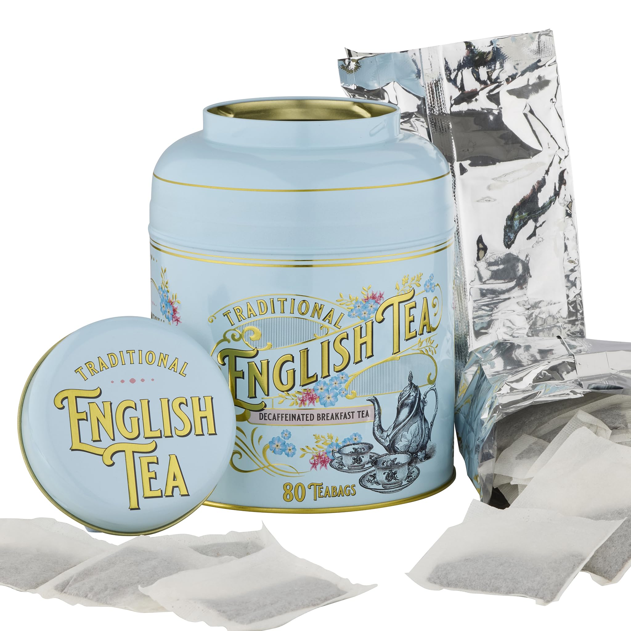 New English Teas Vintage Victorian Powder-Blue Tea Caddy with 80 Decaffeinated English Breakfast Teabags 3