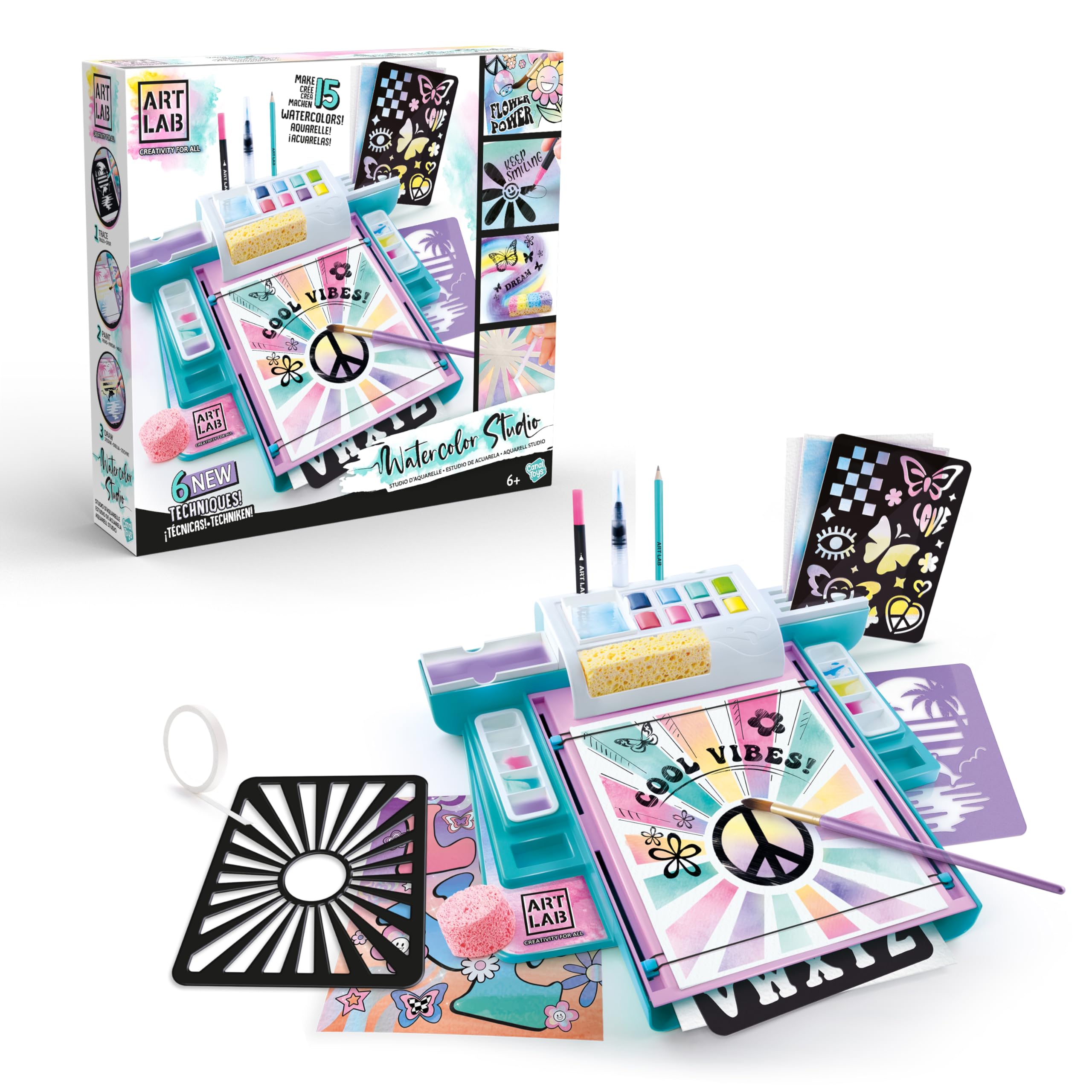 Art Lab Watercolour Studio - Compact Workstation | 8 Paints (Up to 15 Colors) | 15 Sheets Paper