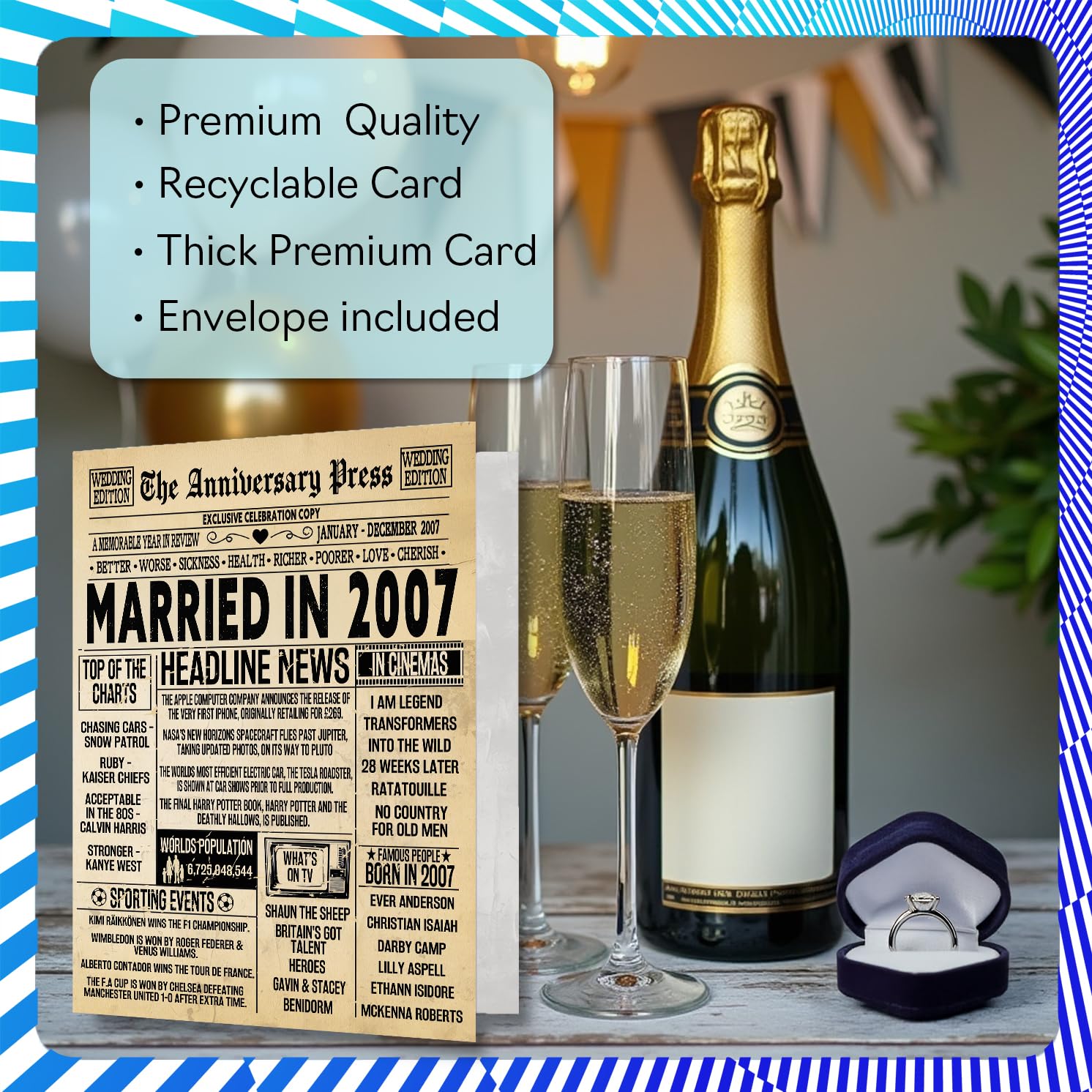Stuff4 19th Anniversary Card for Women Men - Vintage Newspaper Married in 2007 | 5x7 Inch Greeting Card 3