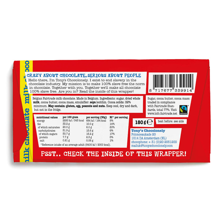 Tony's Chocolonely - Milk Chocolate Bar 180g Belgian Fairtrade