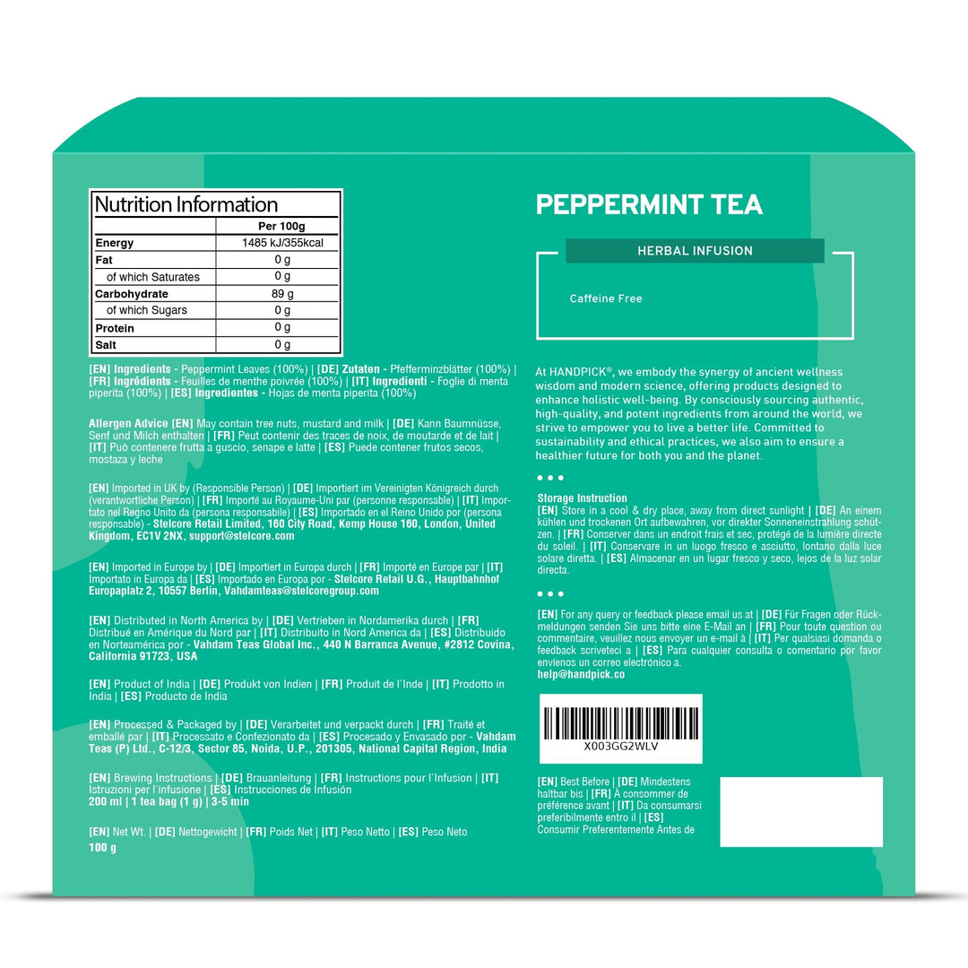 HANDPICK Peppermint Tea Bags (100 Count) Non-GMO, 100% Pure Herbal Tea - Minty & Refreshing