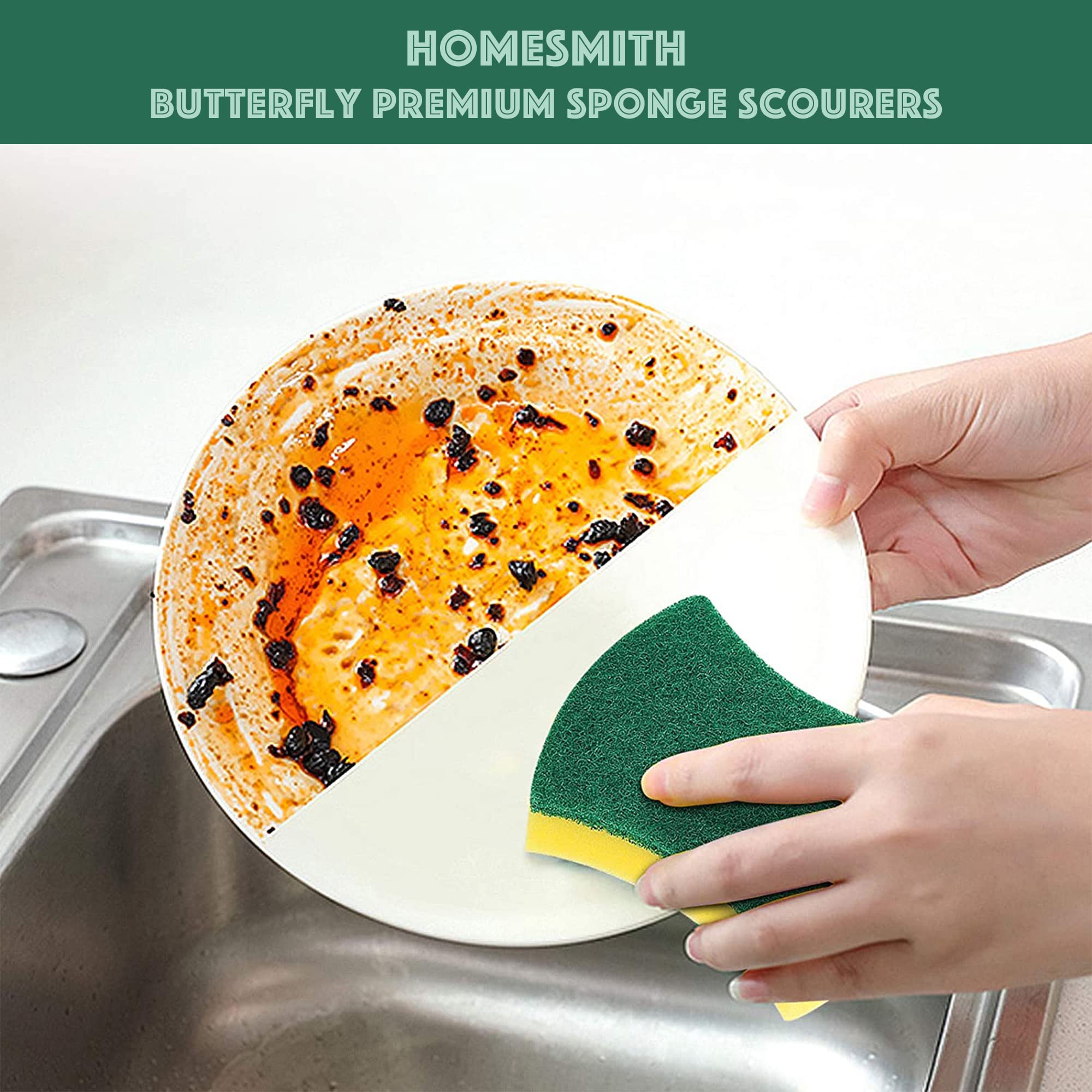 HomeSmith Heavy Duty Butterfly Washing Up Sponge Scourers - Pack of 4 | Dual-Sided Scrubbing | Yellow & Blue 4