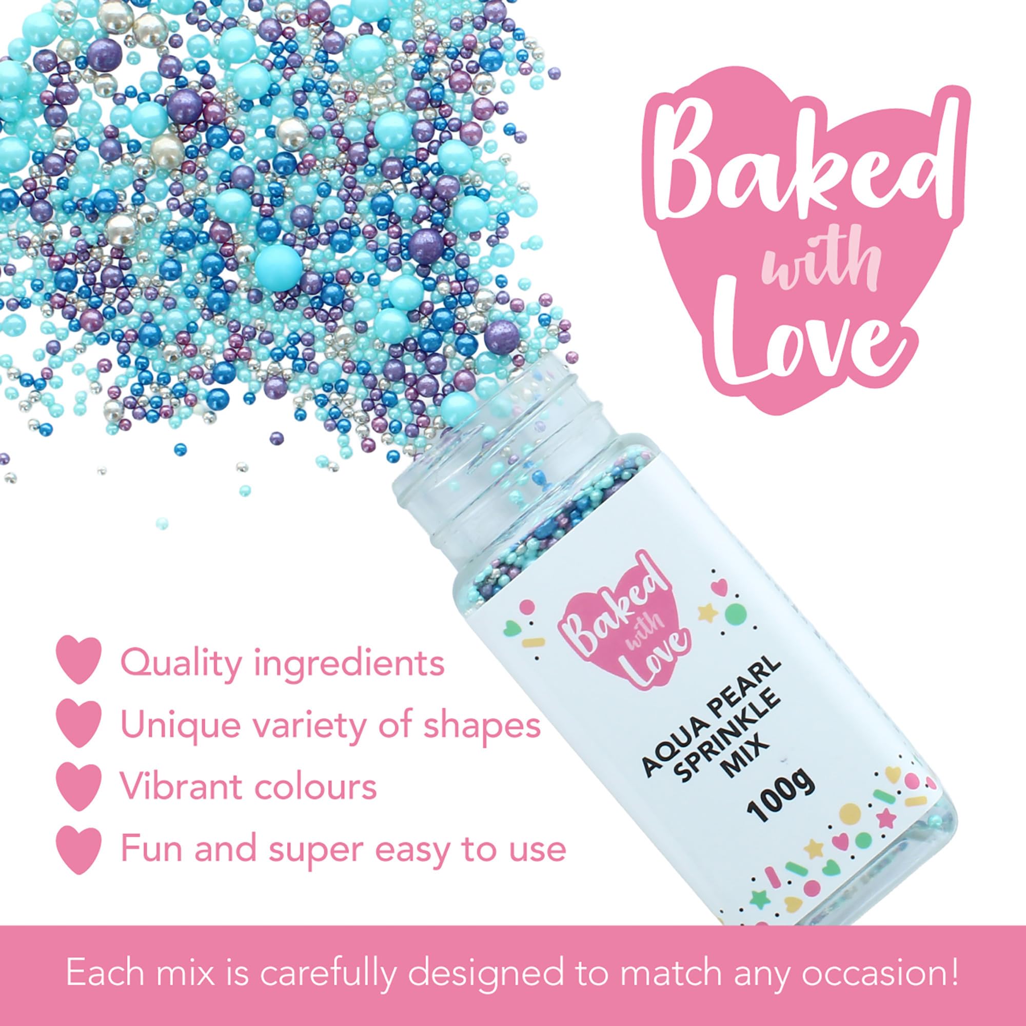 Baked with Love Aqua Pearl Sprinkles - Blue, Purple, Silver Mix | 100g Resealable Bottle 2