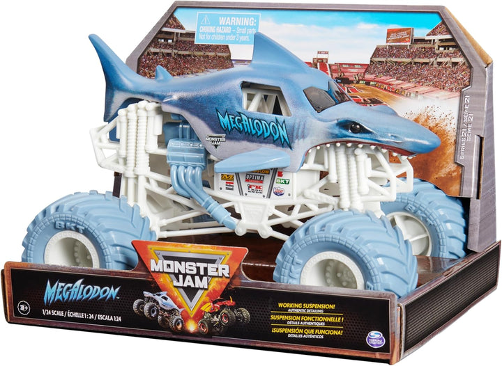 Monster Jam 1:24 Scale Die-Cast Megalodon Truck - Official BKT Tyres & Working Suspension