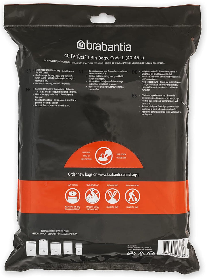 Brabantia - PerfectFit Bin Liners (Size L/40-45 Litre) Thick Plastic Trash Bags