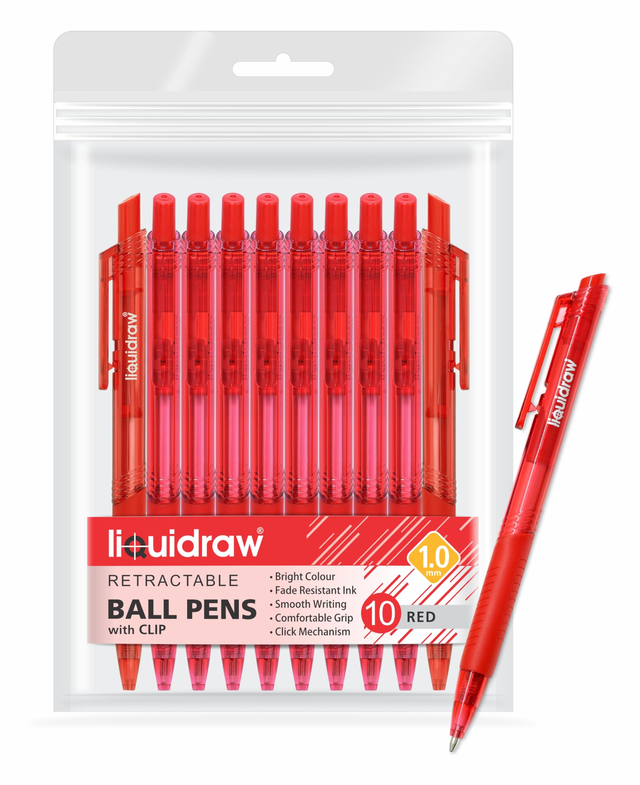Liquidraw Red Ballpoint Pens - Pack of 10 | 1.0mm Medium Tip | Retractable Click Action 1
