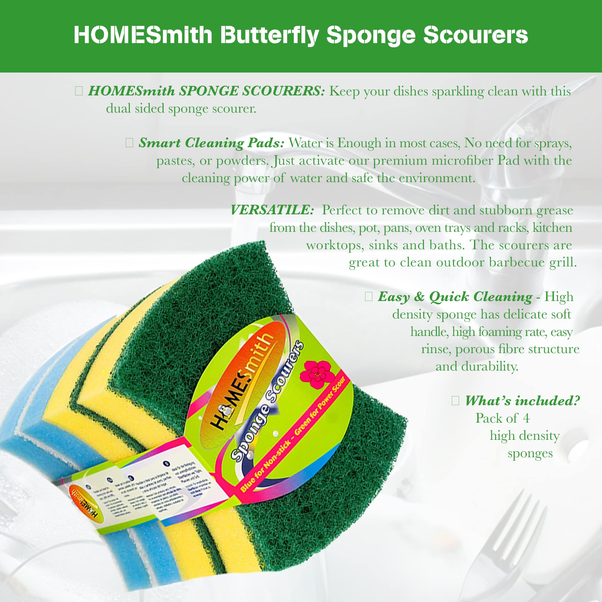 HomeSmith Heavy Duty Butterfly Washing Up Sponge Scourers - Pack of 4 | Dual-Sided Scrubbing | Yellow & Blue