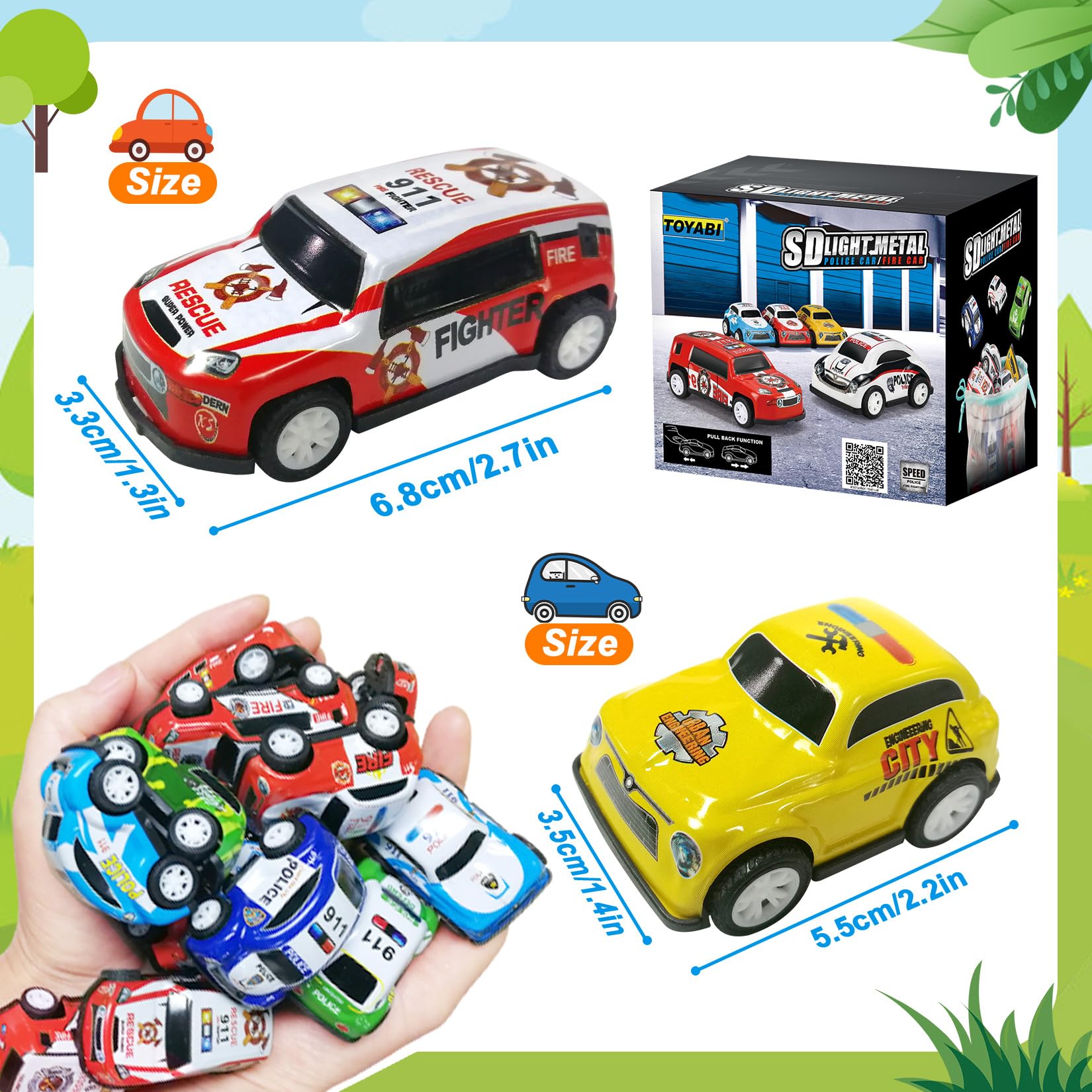 TOYABI Mini Toy Cars for Kids - 22pcs Metal Race Car Set with 2 Dolls, Pull Back Vehicles for Children 3+ 6
