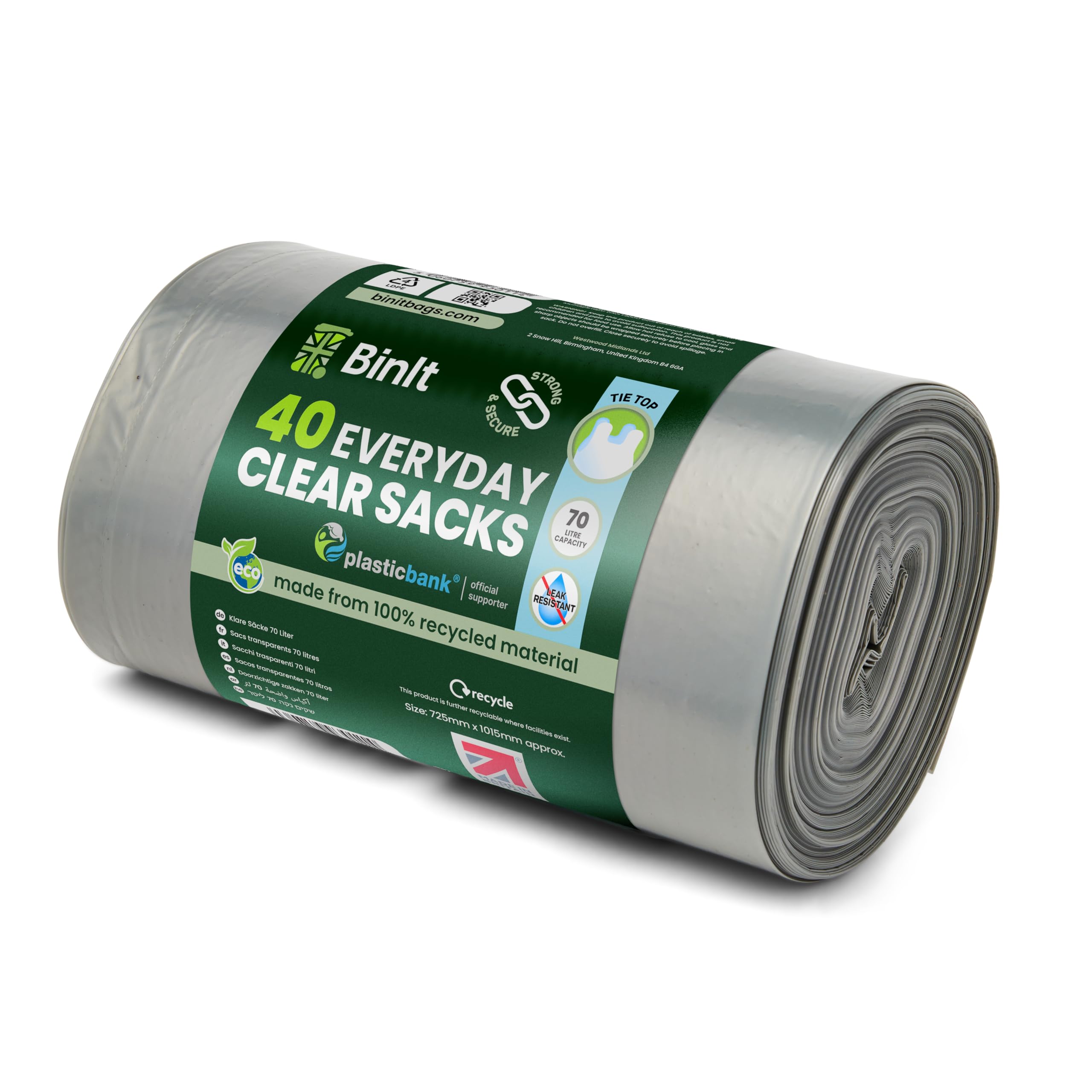 BIN IT Large 70L Clear Bin Liners - 40 Count Tie Top, Strong & Secure LDPE Bags