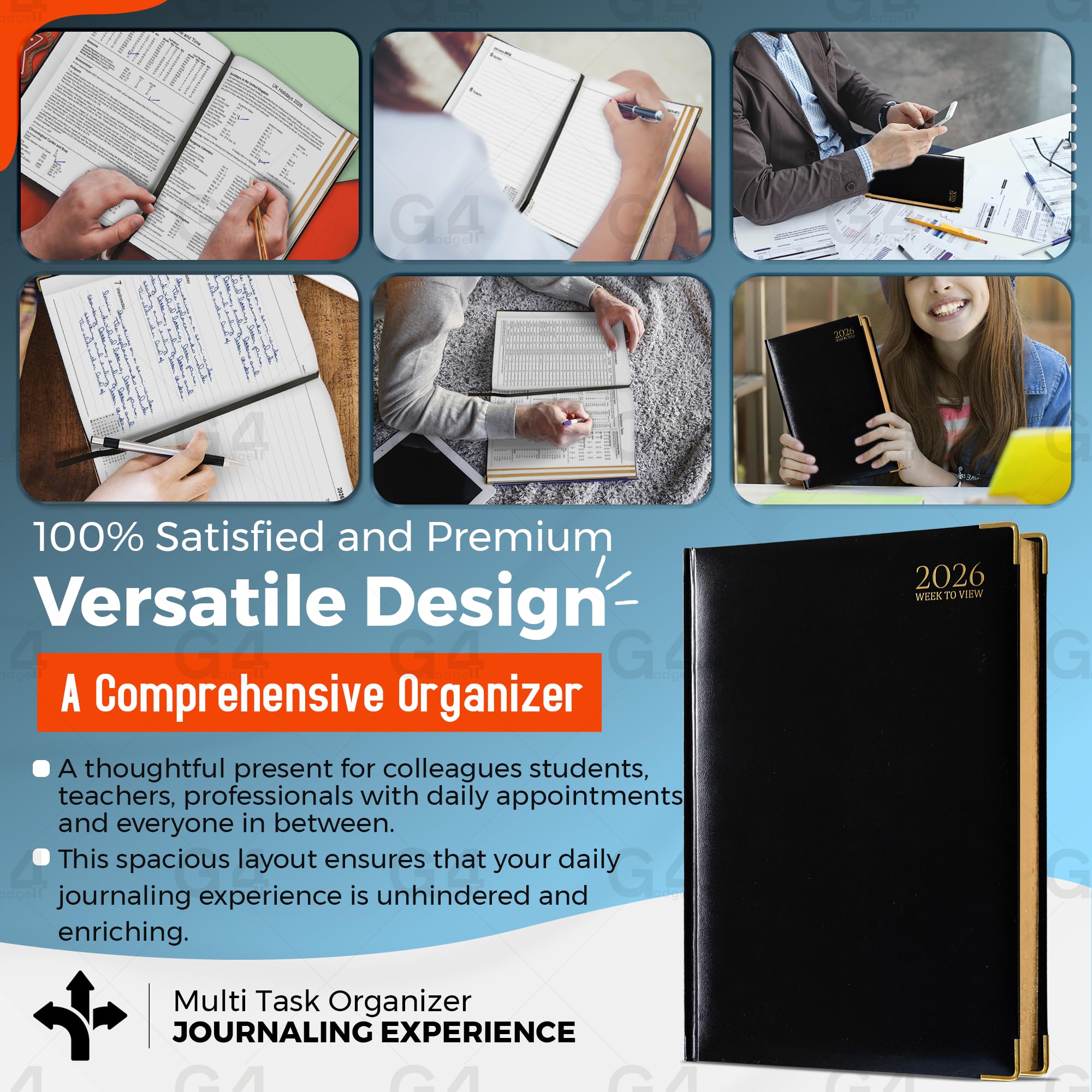 G4GADGET 2026 A4 Week to View Diary | Black Hardback with Gilt Edges | 195 Pages 5