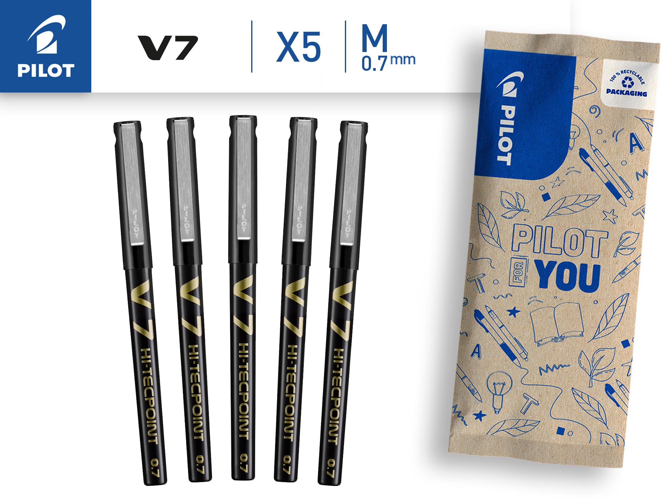 PILOT V7 Liquid Ink Rollerball Pen Set - 5 Pack Black Ink | 0.7mm Medium Tip | Fade Resistant 2