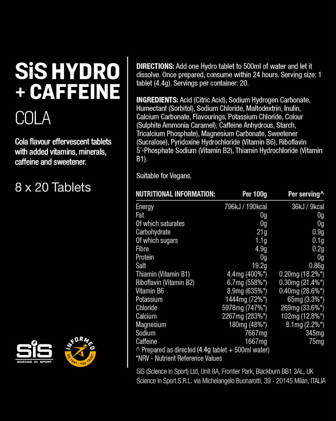 Science in Sport GO Hydro Electrolyte Tablets with Caffeine – Cola Flavor, 160 Tablets (8 x 20), Zero Sugar, Vegan