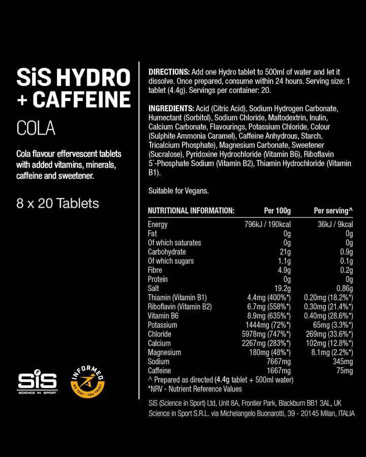 Science in Sport GO Hydro Electrolyte Tablets with Caffeine – Cola Flavor, 160 Tablets (8 x 20), Zero Sugar, Vegan