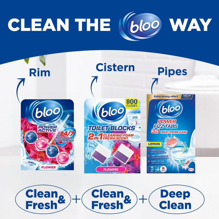 Bloo Power Active Toilet Rim Block - Fresh Flowers Scent with Anti-Limescale, 3 Pack