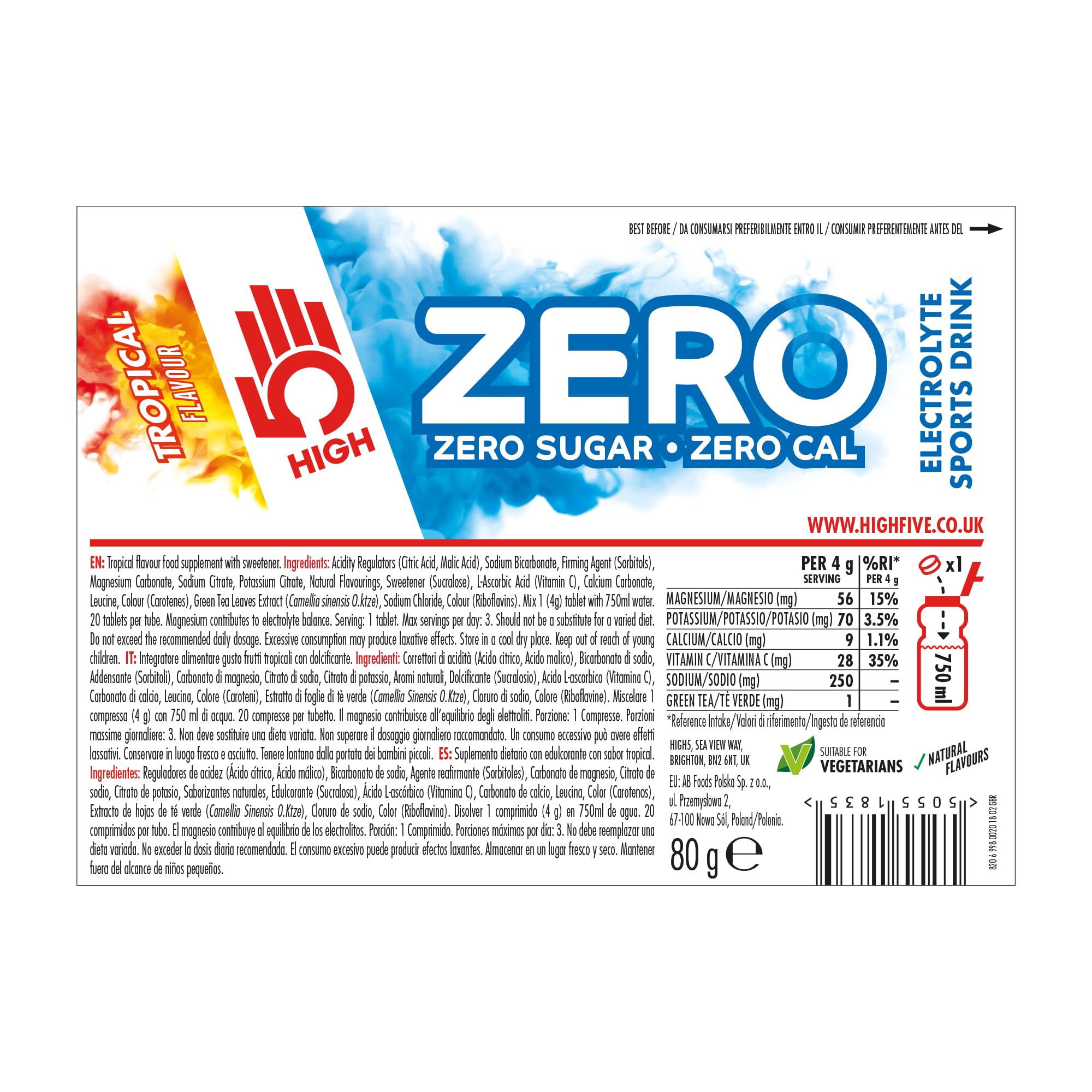 HIGH5 ZERO Electrolyte Tablets Tropical - 160 Sugar-Free Hydration Tablets with Vitamin C 6