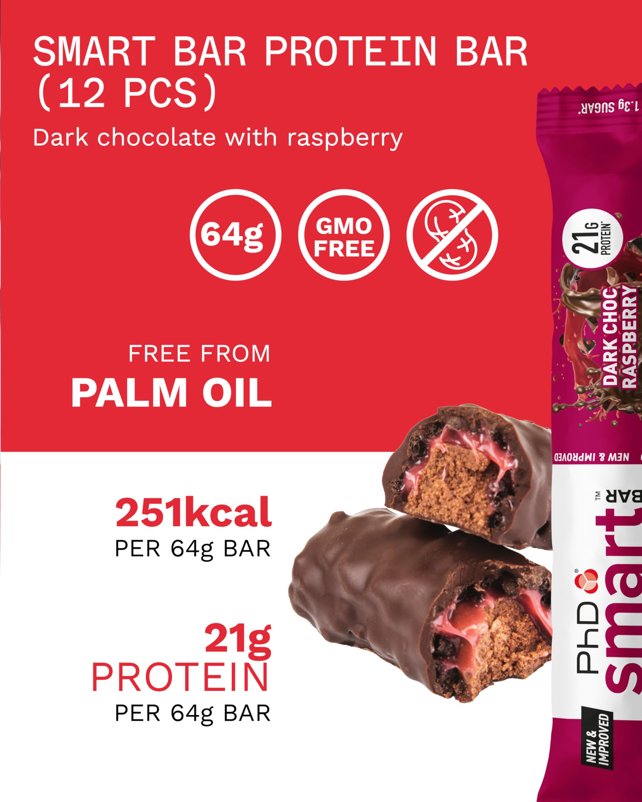 PhD Smart Protein Bar Low Sugar, Chocolate Raspberry Flavour, 21g Protein, 64g Bar (12 Pack) 3