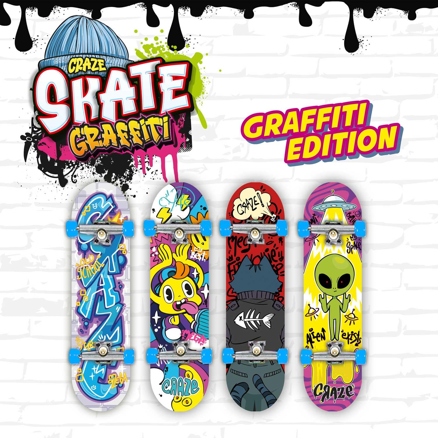 CRAZE SKATE Fingerboard Set Graffiti Edition - 4-Pack Mini Skateboards for Kids 5