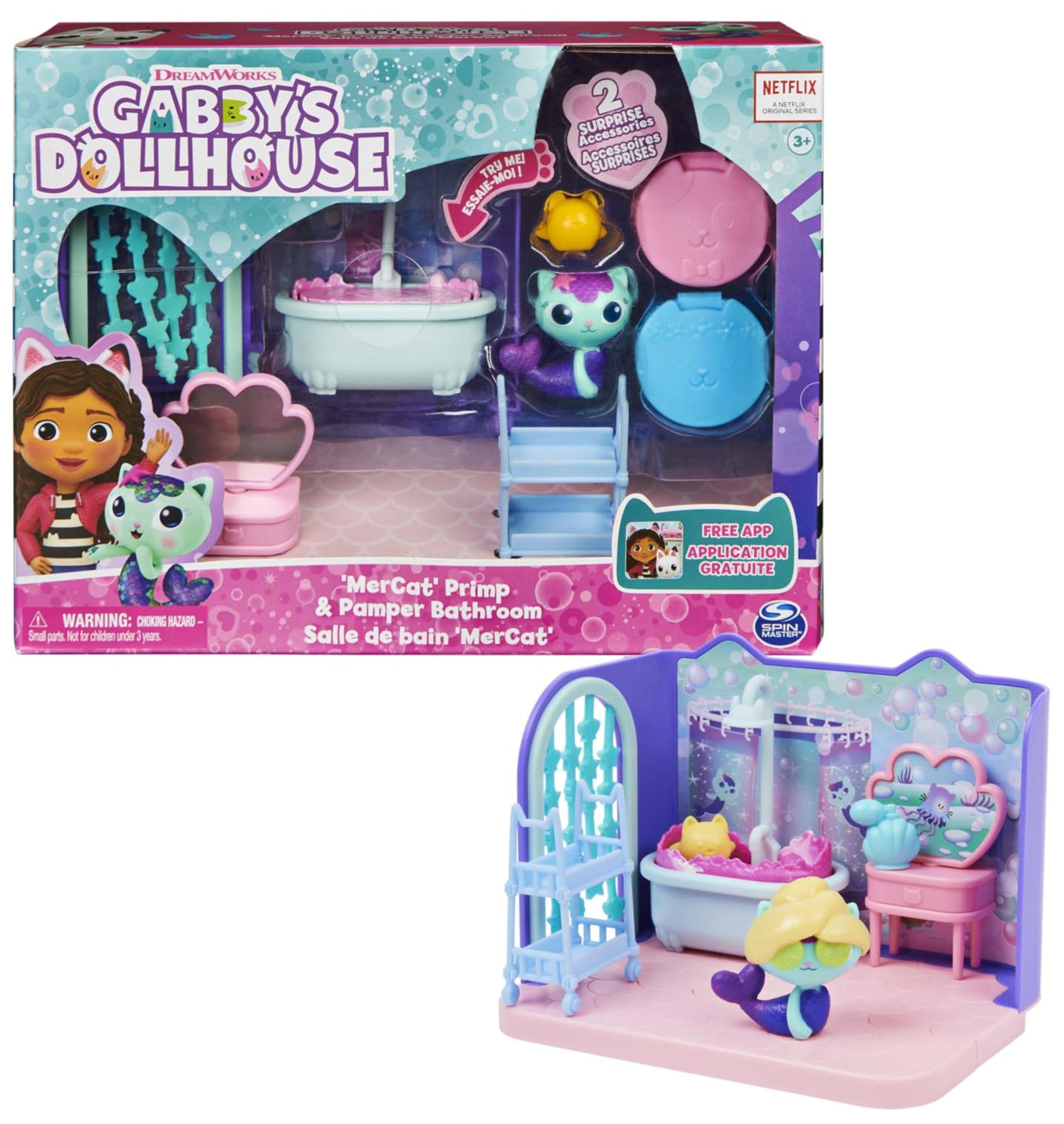 DREAMWORKS GABBY'S DOLLHOUSE Primp and Pamper Bathroom Playset with MerCat Figure for Ages 3+ 1