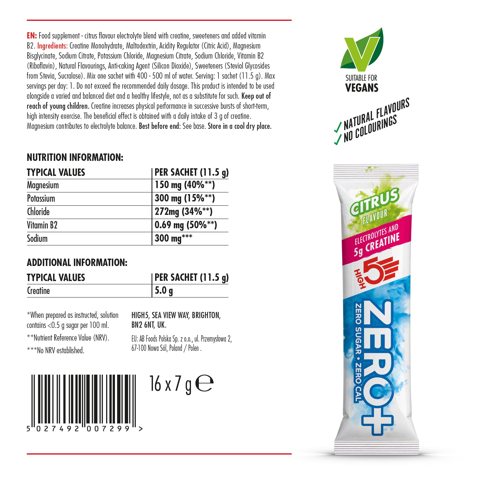HIGH5 Zero+ Creatine & Electrolytes Hydration Sachets - Sugar Free | 16 x 11.5g Powder