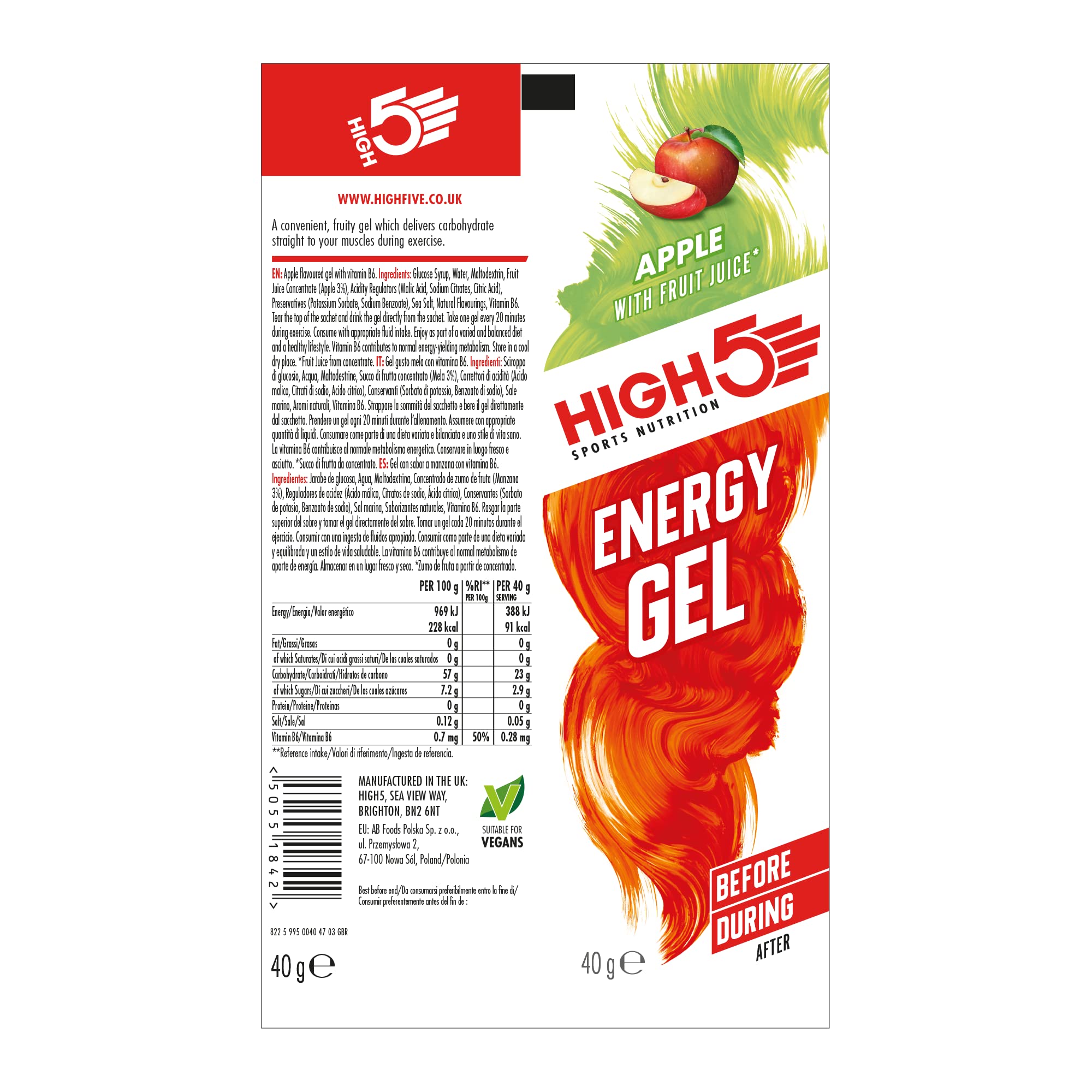 HIGH5 Energy Gels - Apple Flavour Quick Release Carbohydrate Gels for Endurance Sports 6